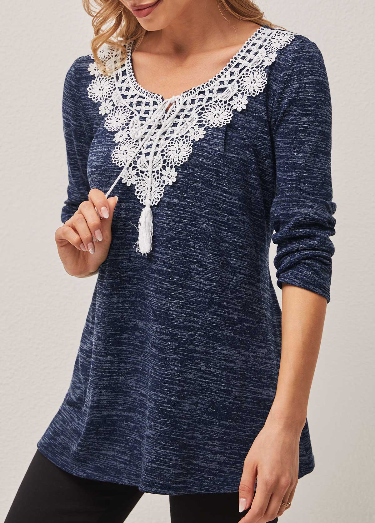 Dusty Blue Lace Patchwork Tie Front T Shirt