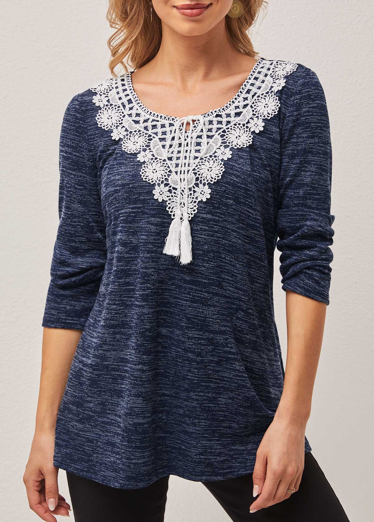Dusty Blue Lace Patchwork Tie Front T Shirt