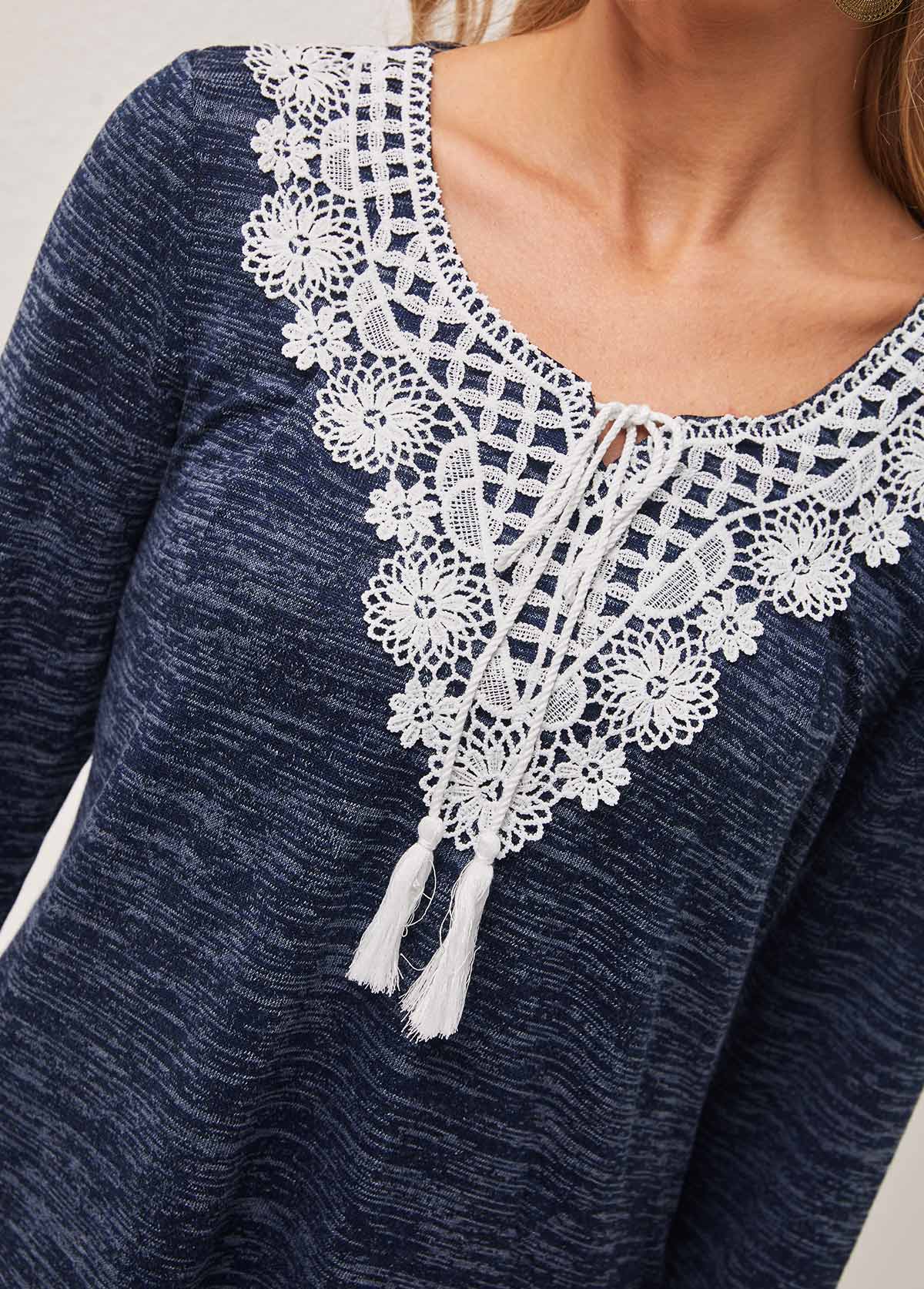 Dusty Blue Lace Patchwork Tie Front T Shirt