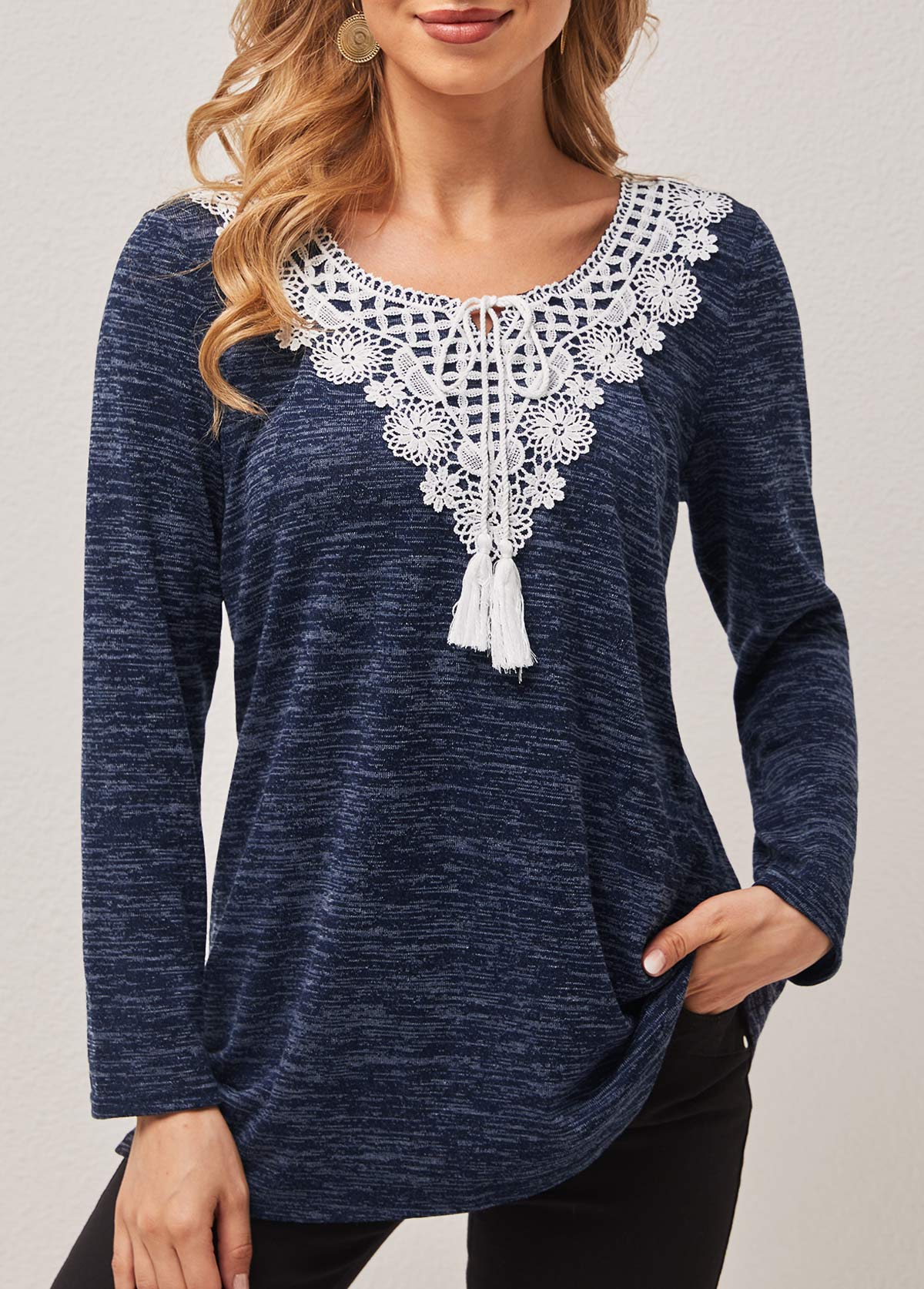 Dusty Blue Lace Patchwork Tie Front T Shirt