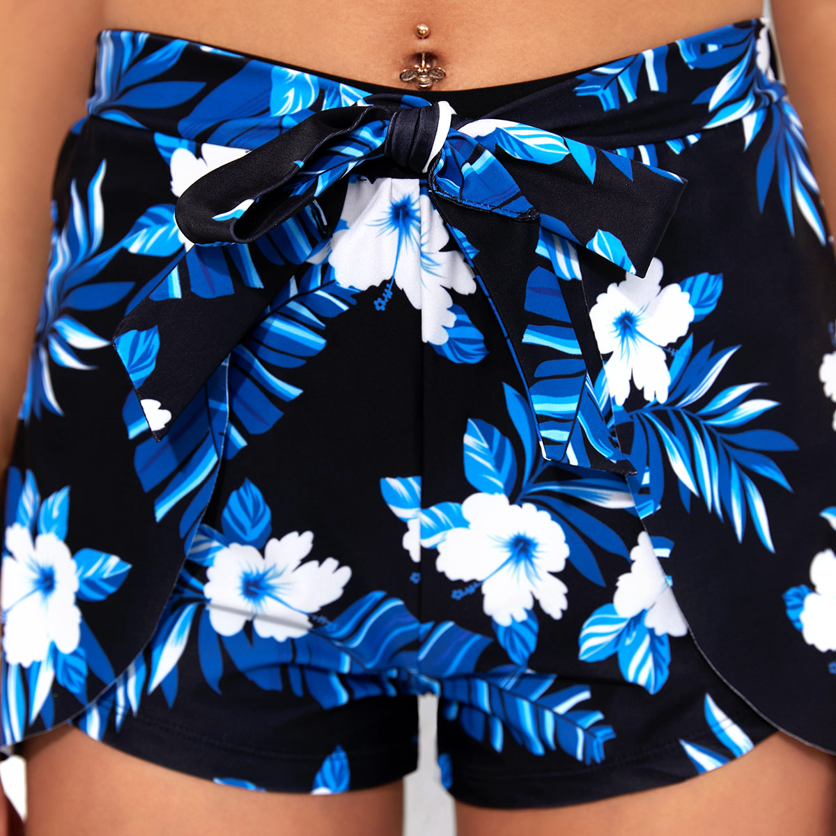 Tropical Print Halter Mid Waist Royal Blue Bikini Set