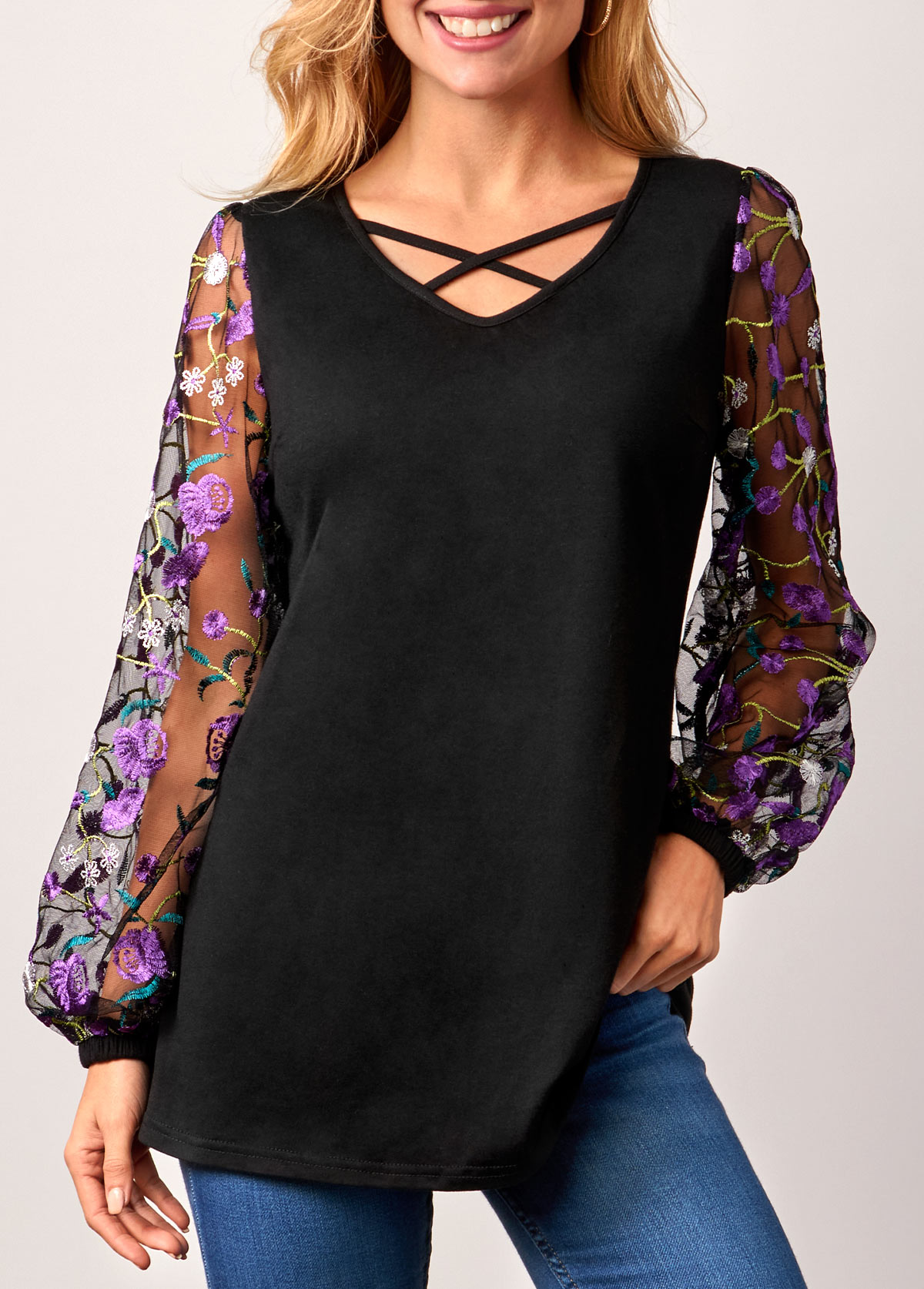 Mesh Embroidered Cross Strap Black Lantern Sleeve T Shirt