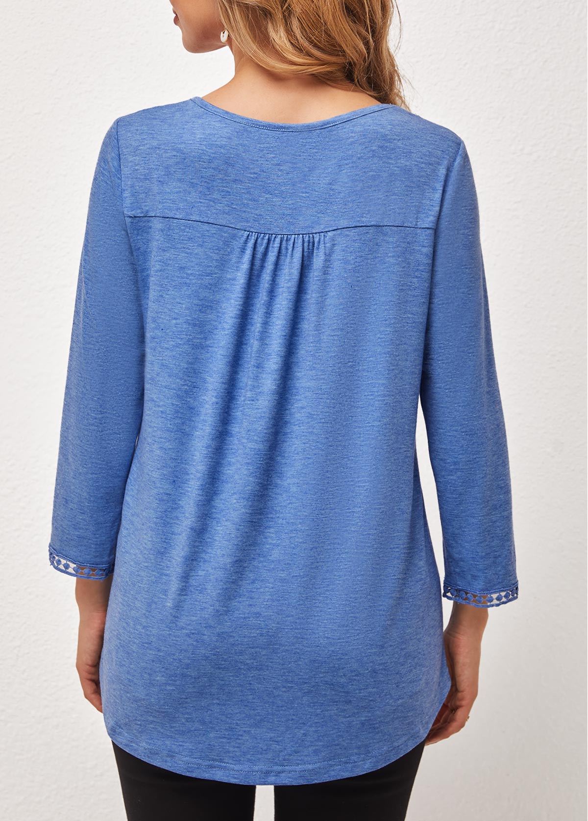 Lace Stitching Blue Round Neck T Shirt