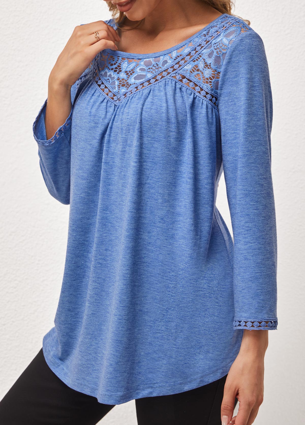 Lace Stitching Blue Round Neck T Shirt
