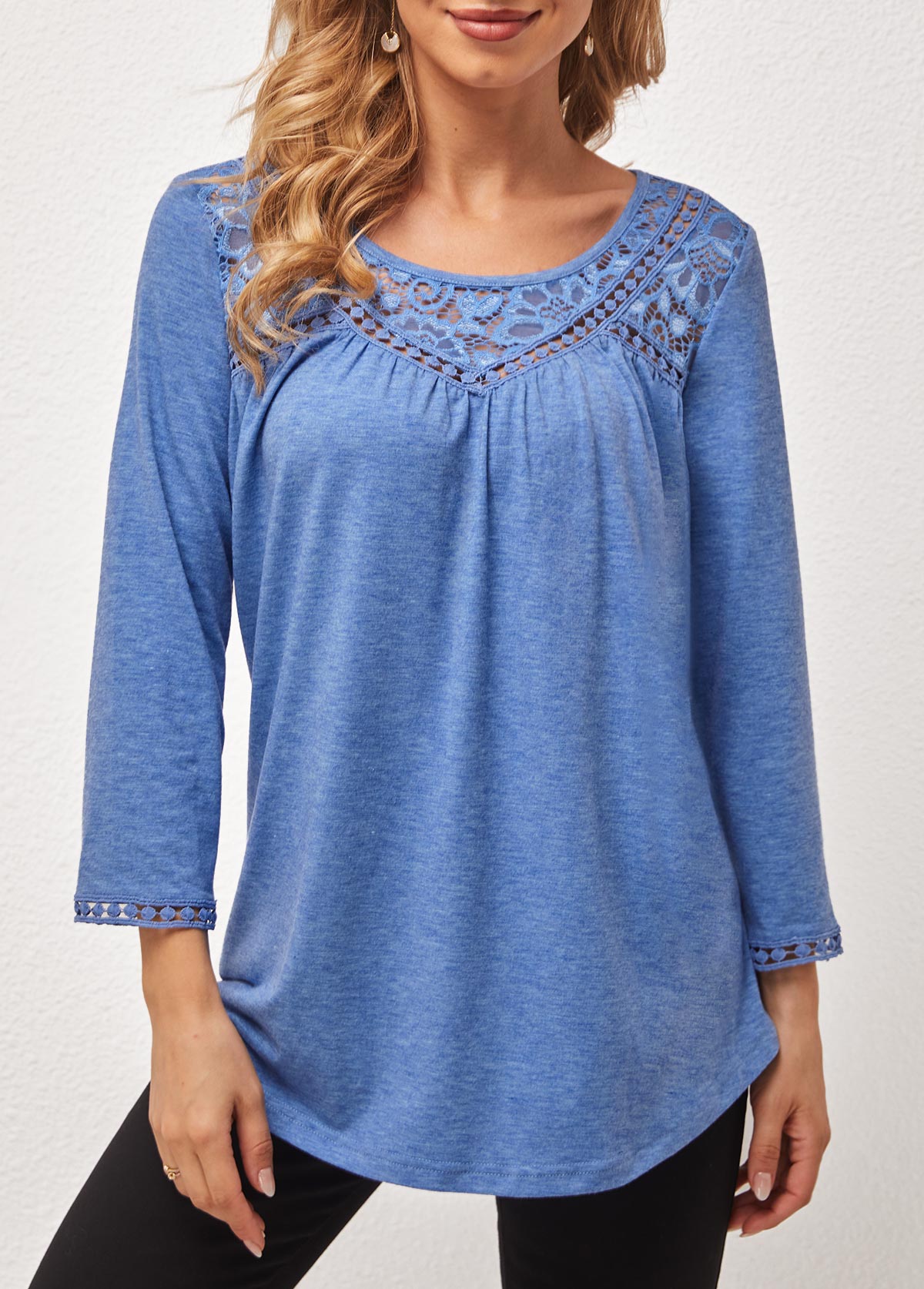 Lace Stitching Blue Round Neck T Shirt