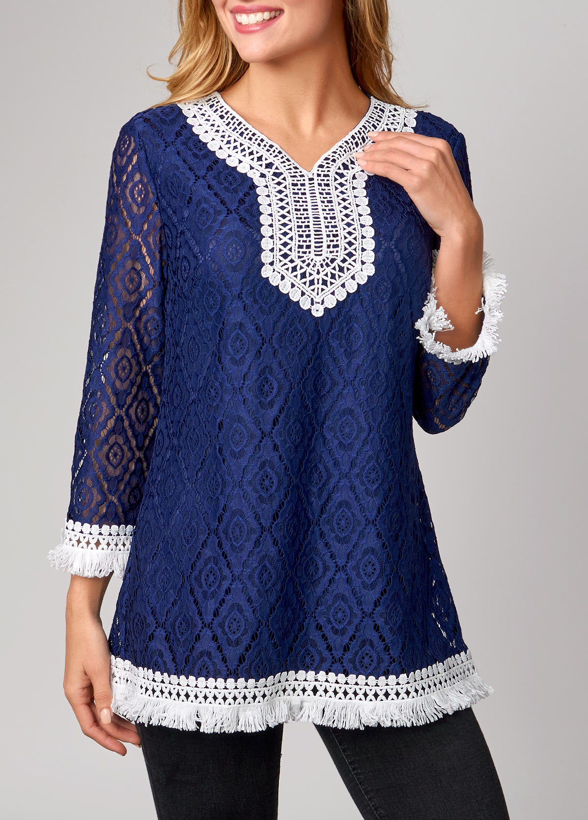 Lace Tassel Navy Blue 3/4 Sleeve T Shirt