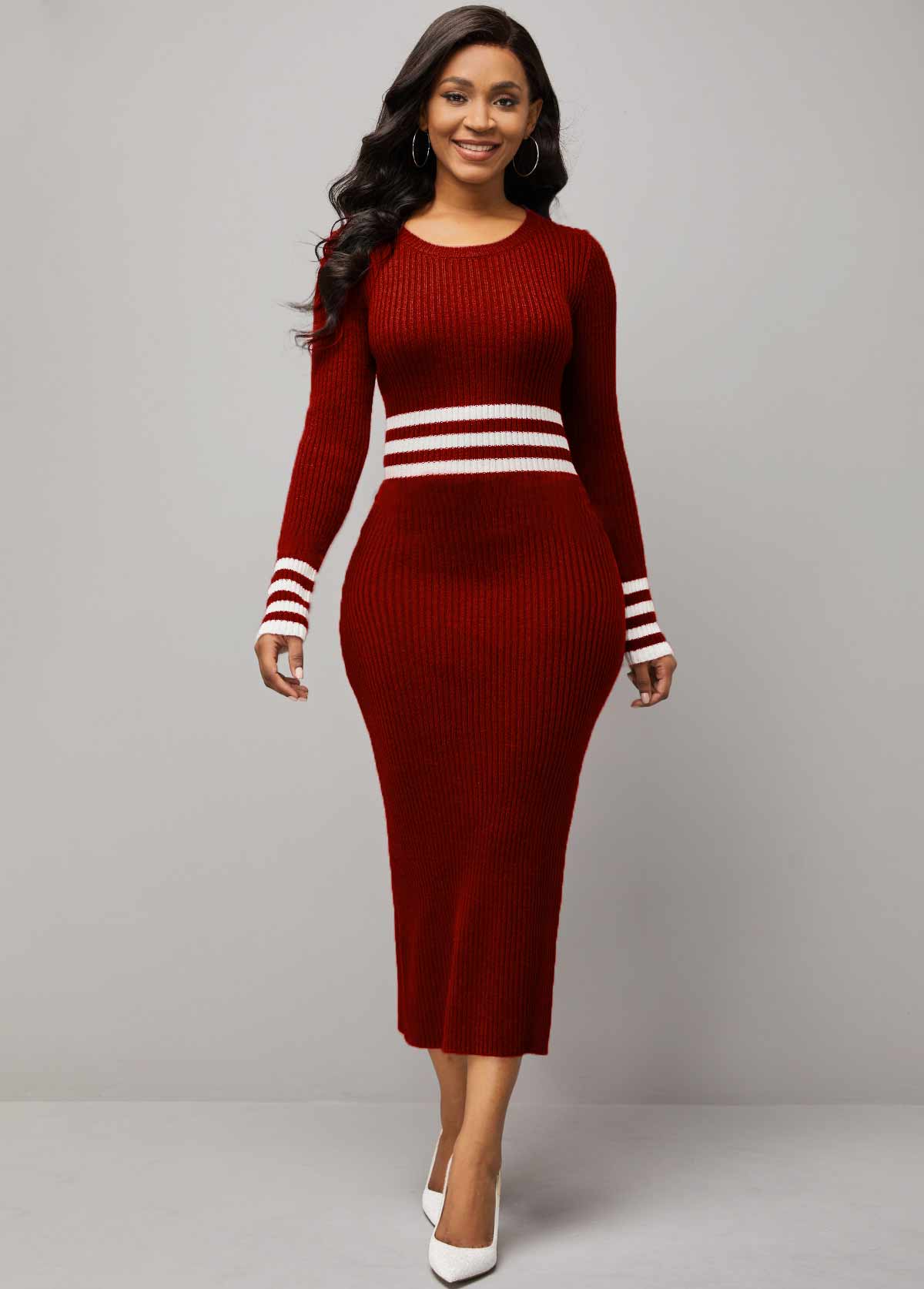 Round Neck Striped Red Long Sleeve Sweater Dress