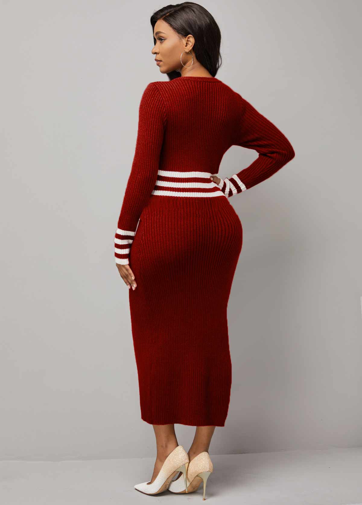 Round Neck Striped Red Long Sleeve Sweater Dress
