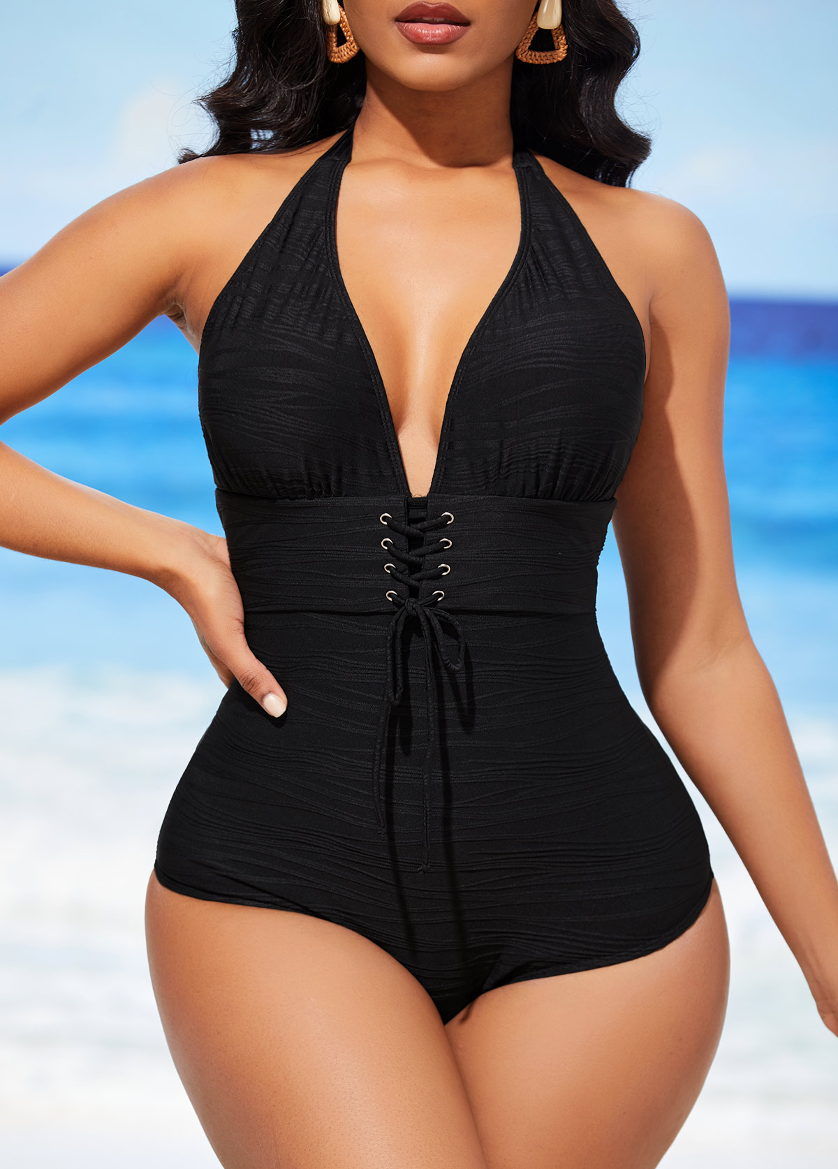 Lace Up Textured Halter Black One Piece Swimwear