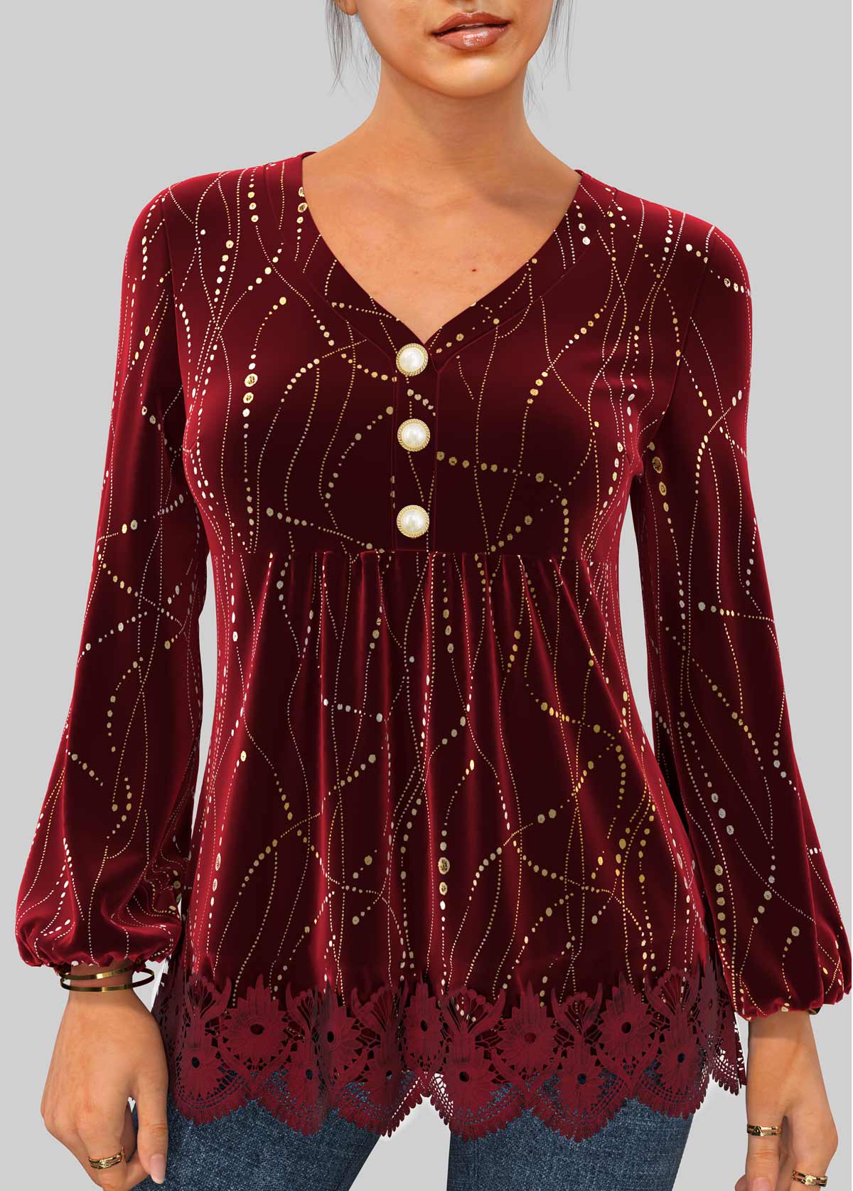 Velvet Stitching Hot Stamping Wine Red Blouse