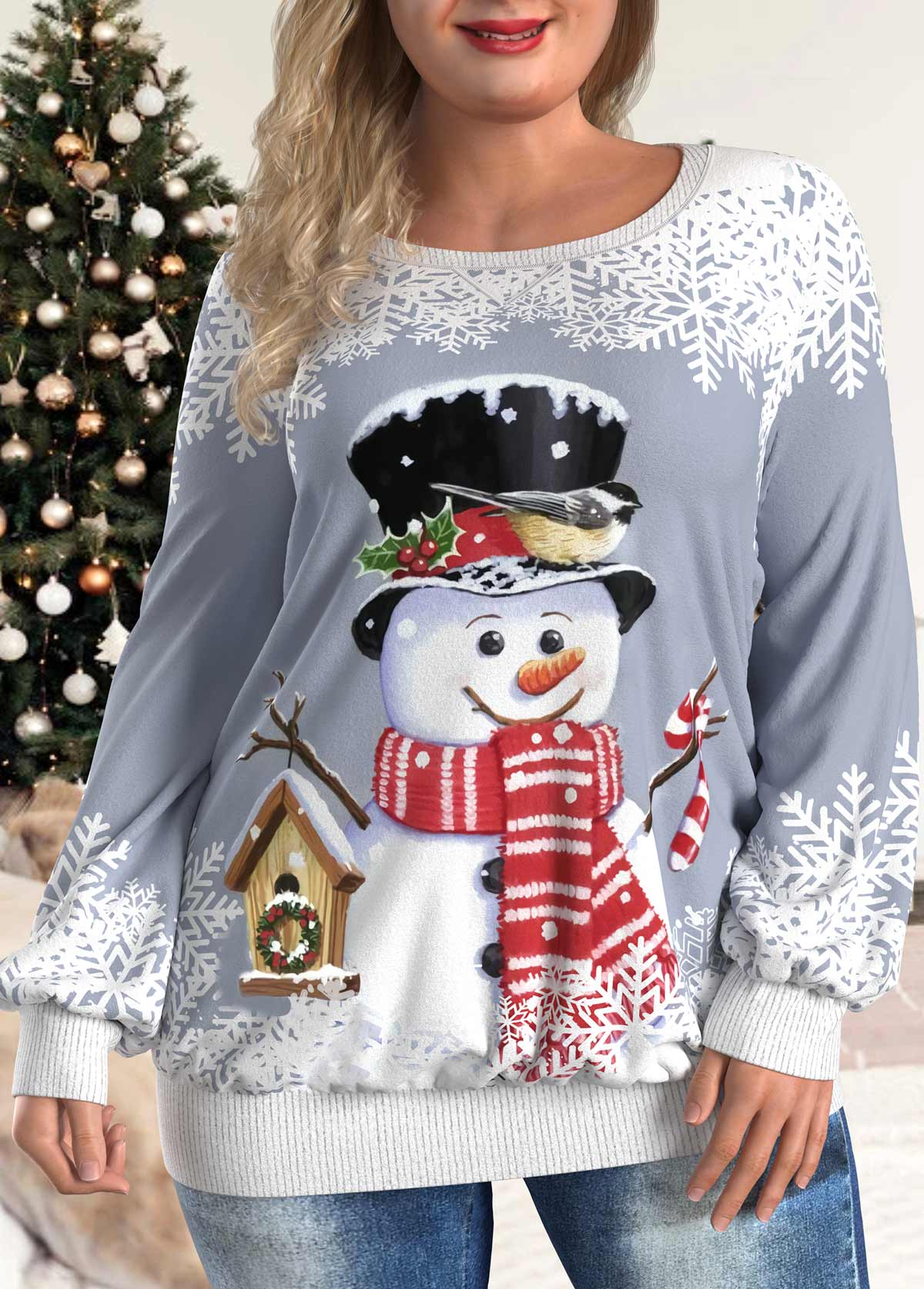 Plus Size Christmas Snowman Print Grey Long Sleeve Sweatshirt