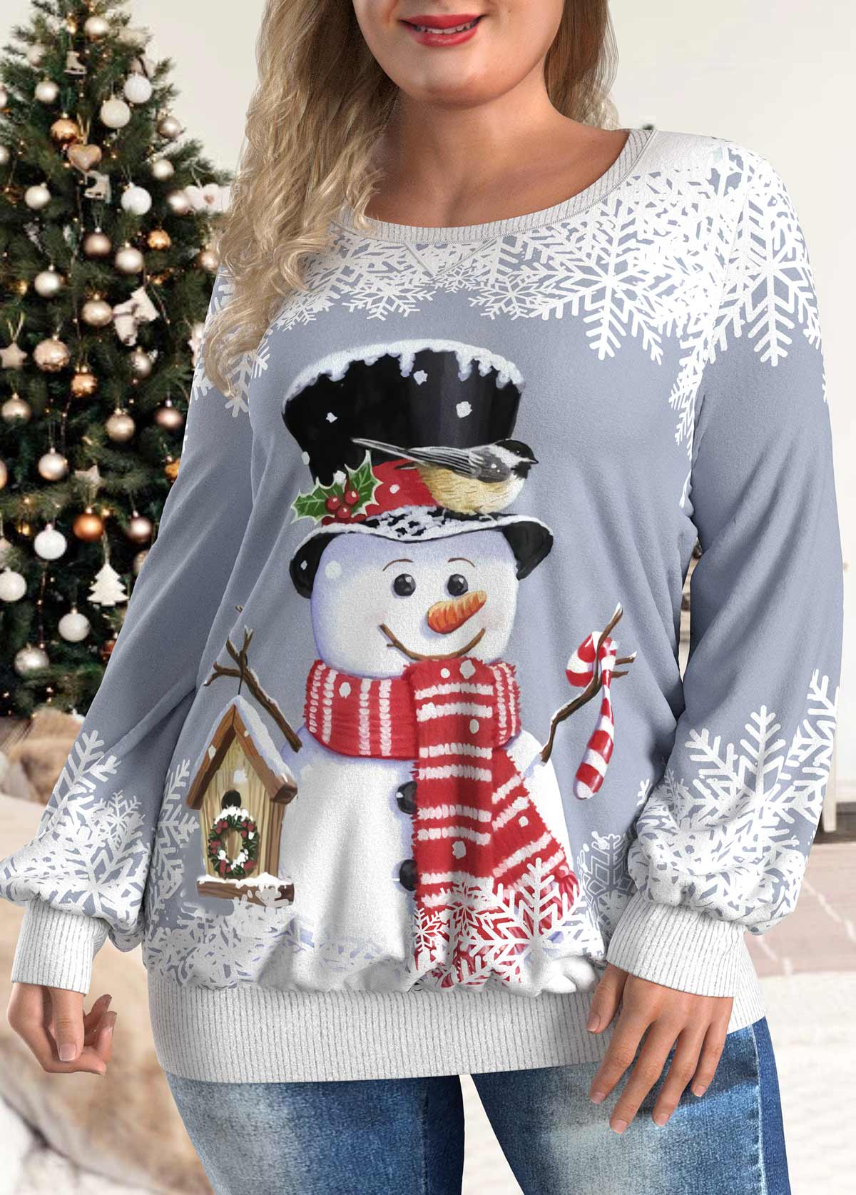Plus Size Christmas Snowman Print Grey Long Sleeve Sweatshirt