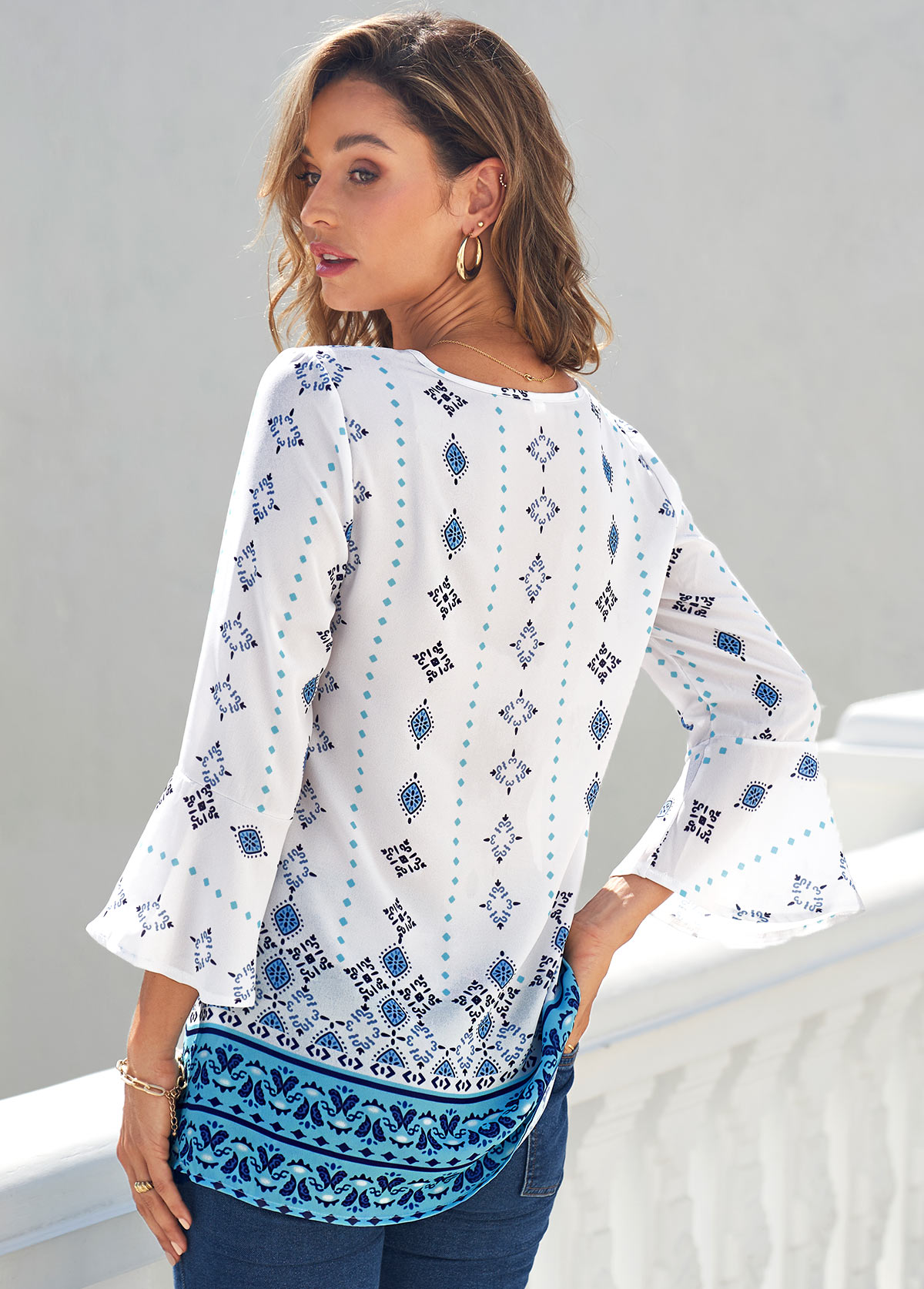 Tribal Print Lace Up White T Shirt