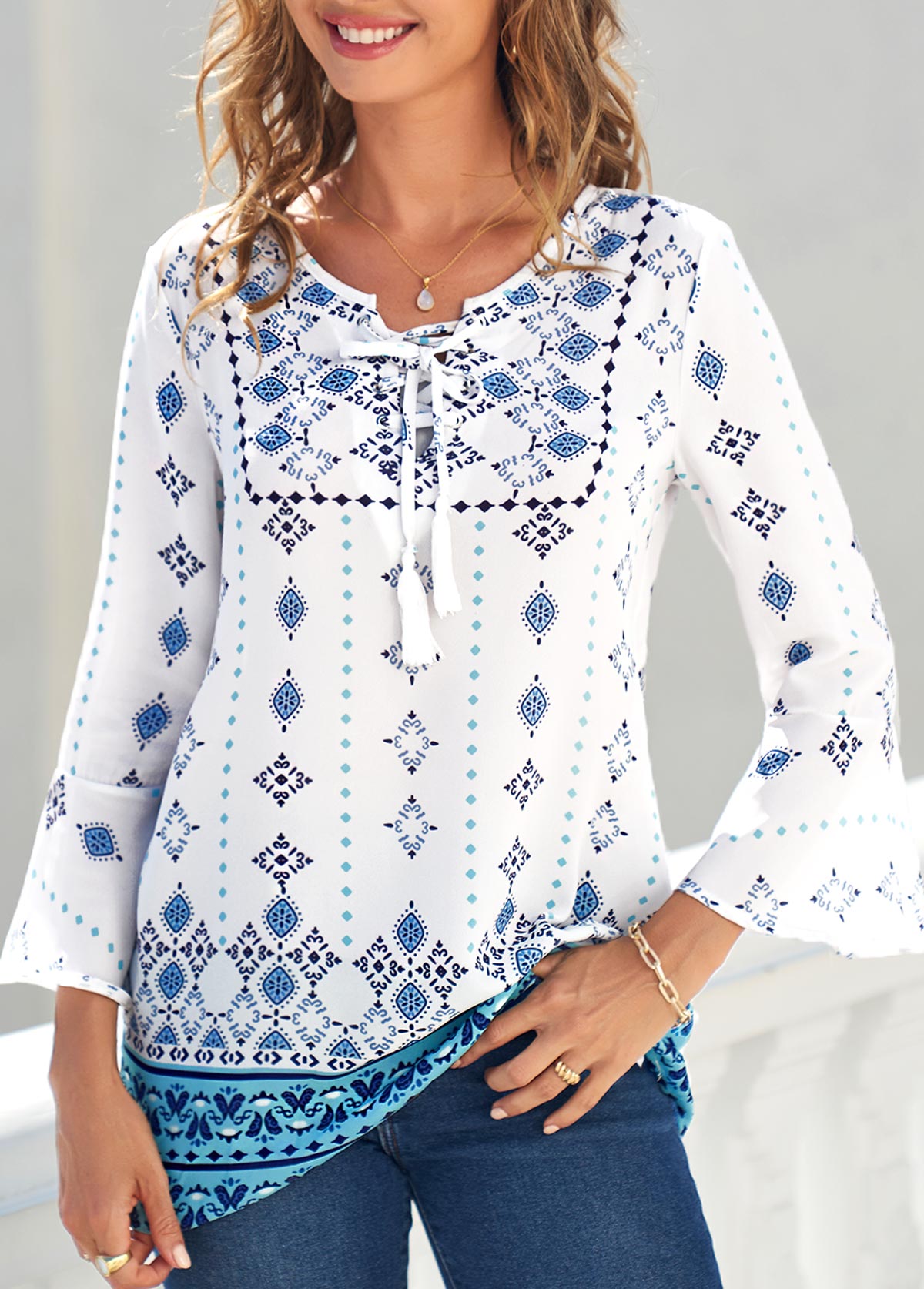 Tribal Print Lace Up White T Shirt