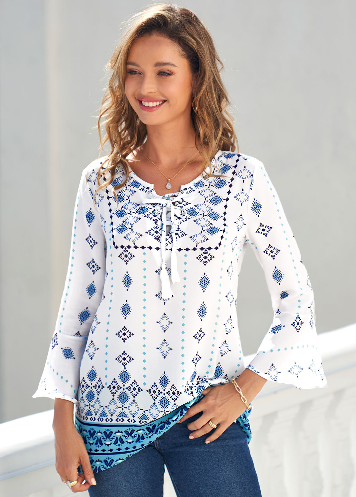 Tribal Print Lace Up White T Shirt