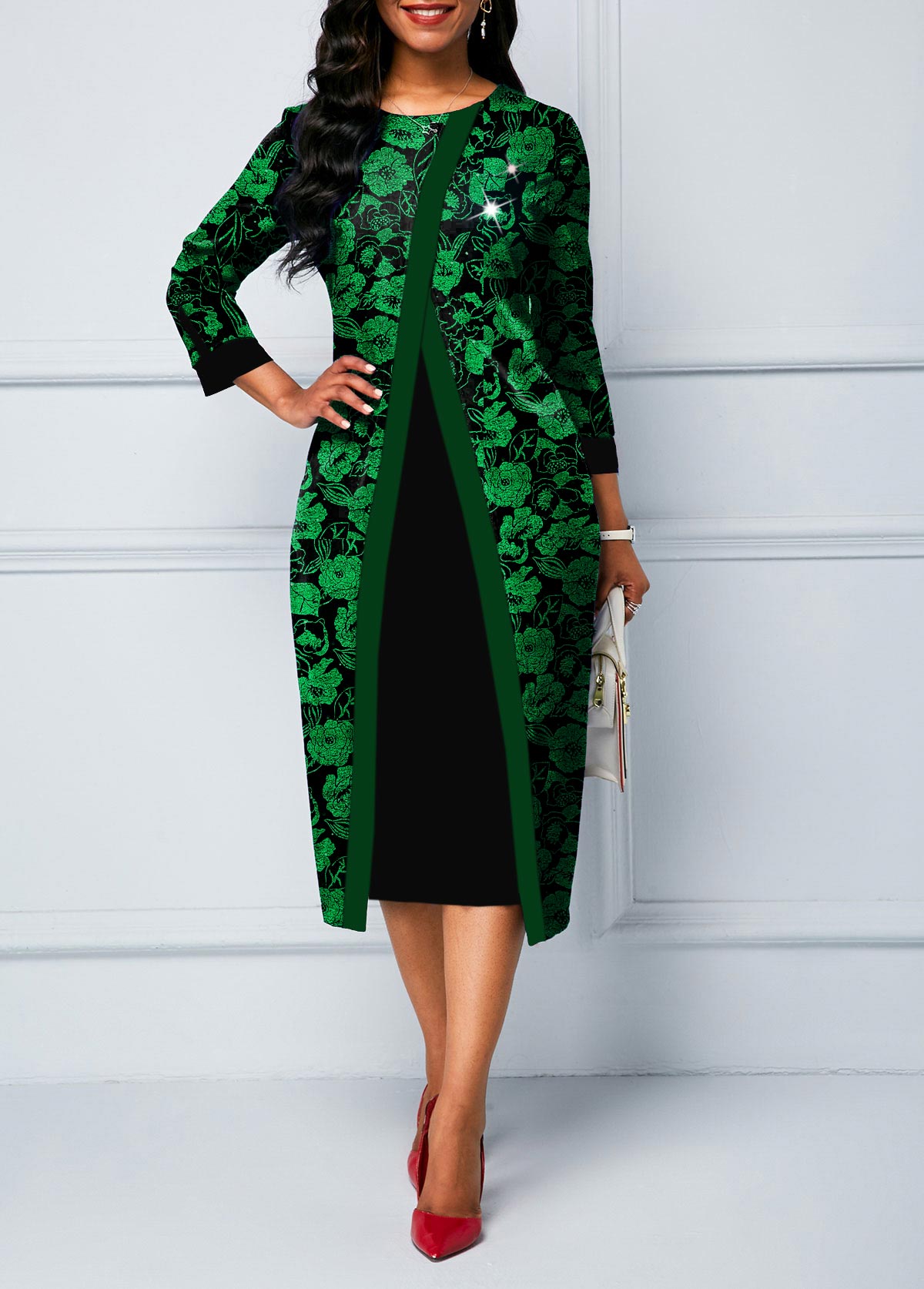 Hot Stamping Faux Two Piece Green Dress