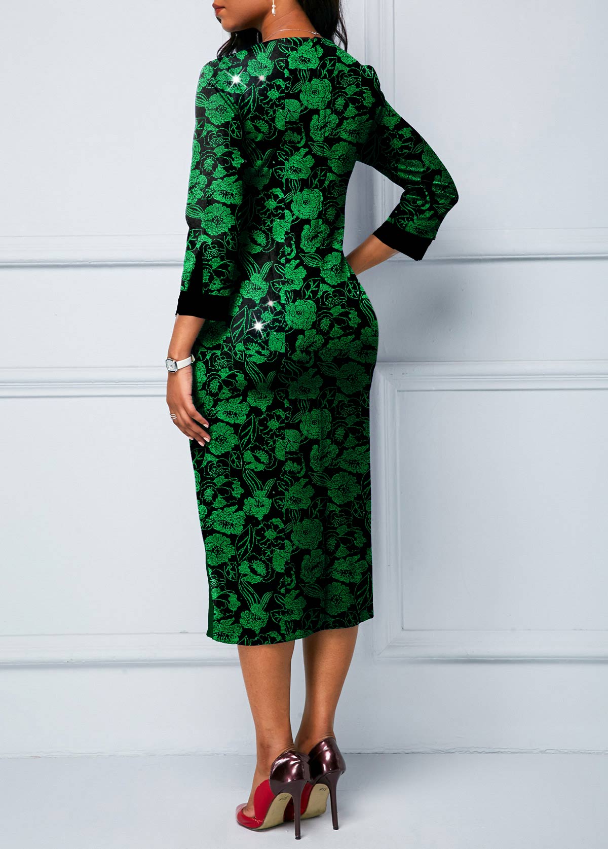 Hot Stamping Faux Two Piece Green Dress