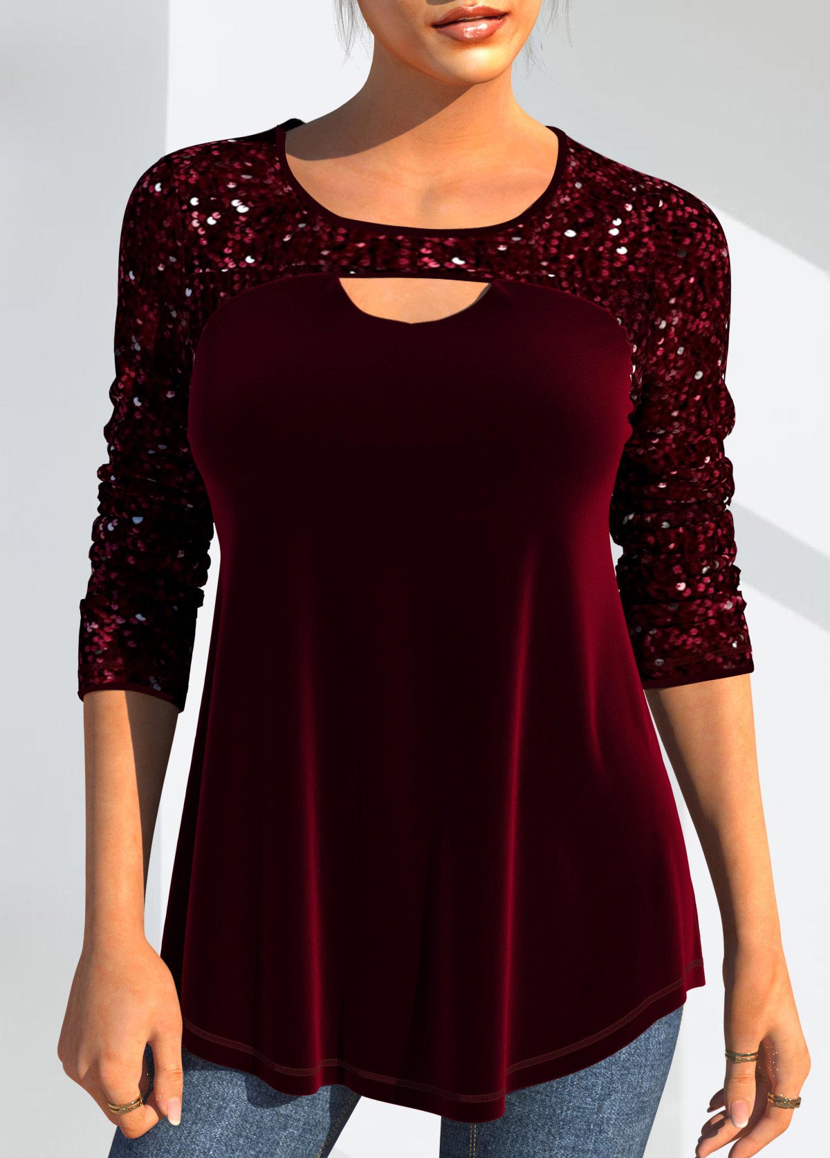 Christmas Design Velvet Stitching Sequin Wine Red T Shirt