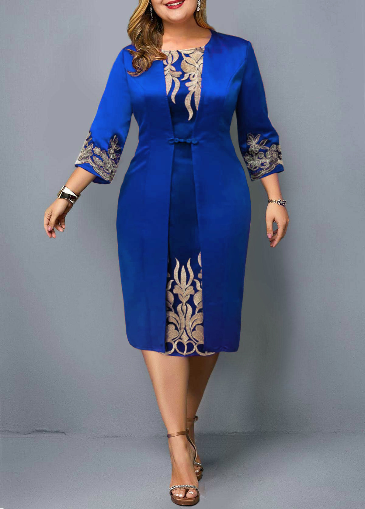 3/4 Sleeve Faux Two Piece Blue Plus Size Dress