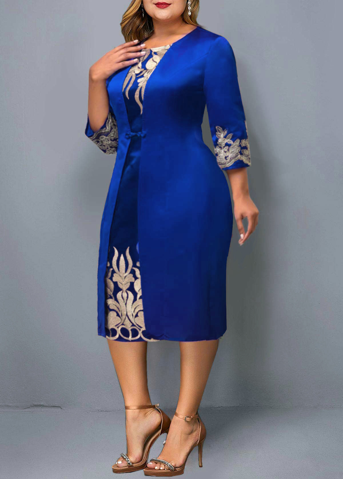 3/4 Sleeve Faux Two Piece Blue Plus Size Dress