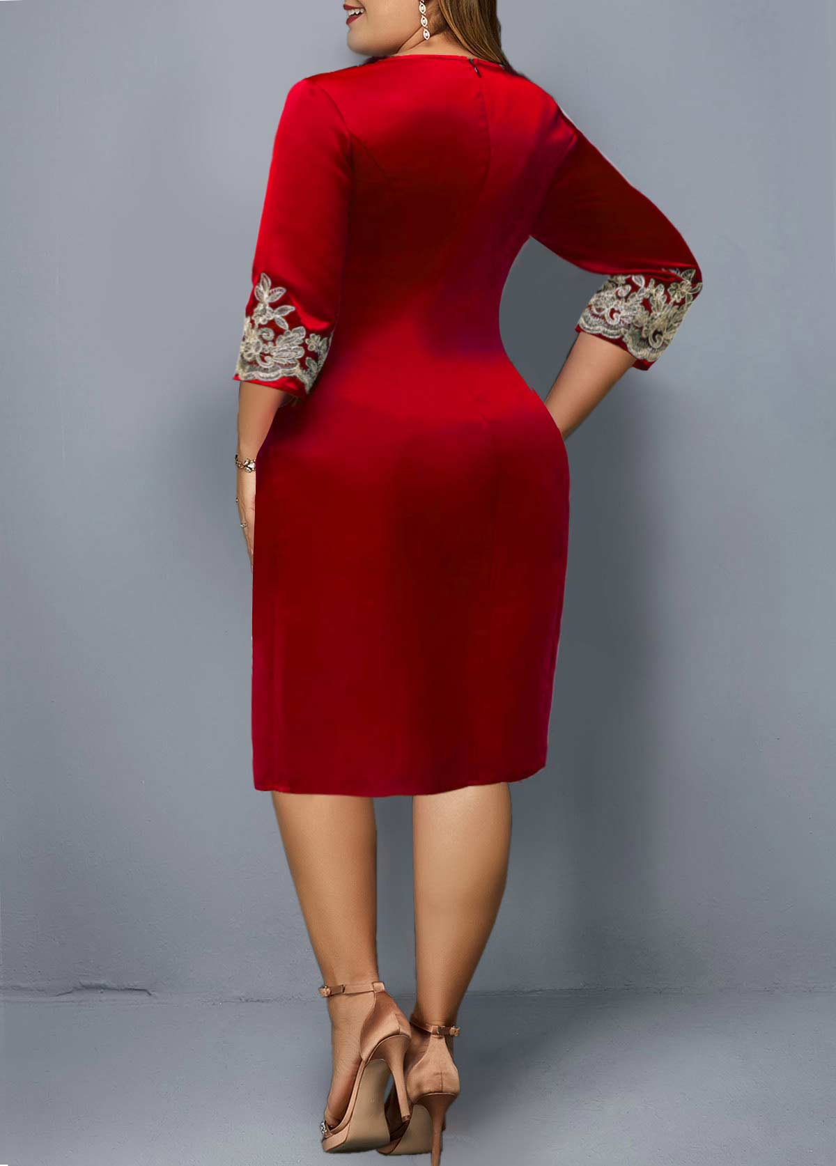 3/4 Sleeve Faux Two Piece Red Plus Size Dress