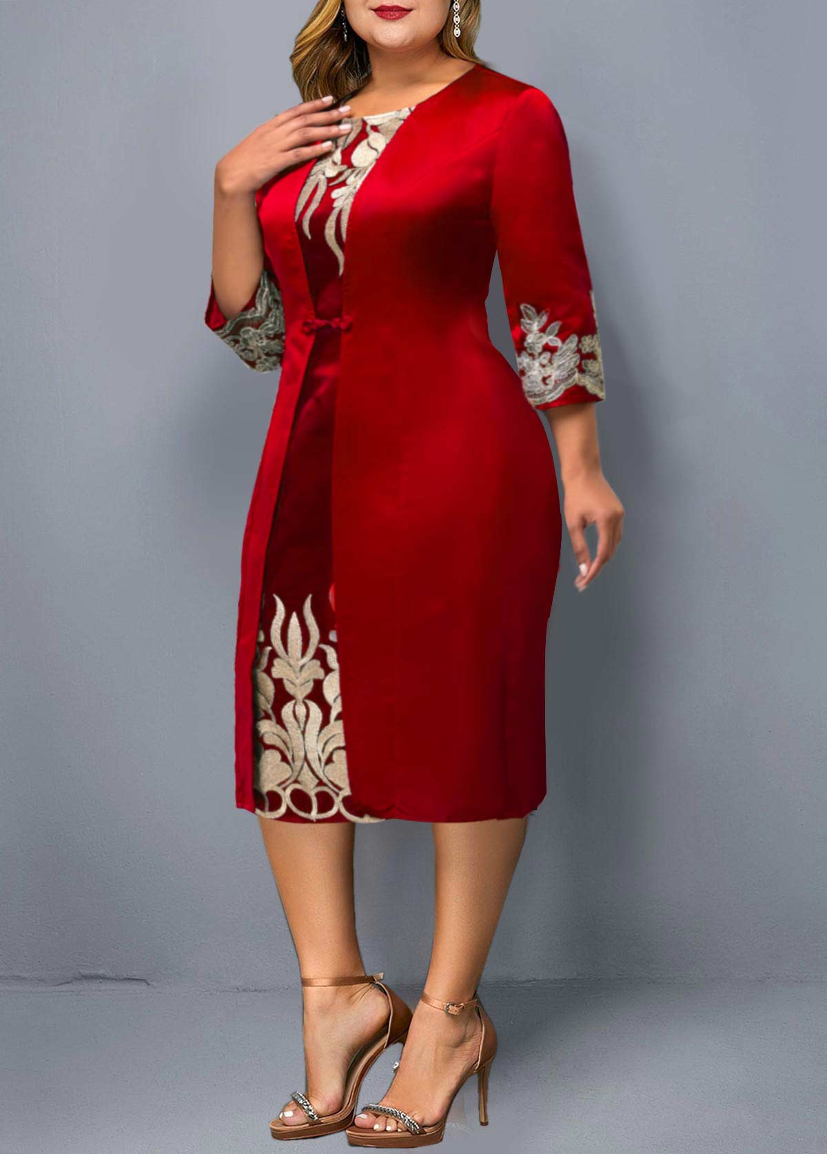 Round Neck 3/4 Sleeve Embroidered Red Dress
