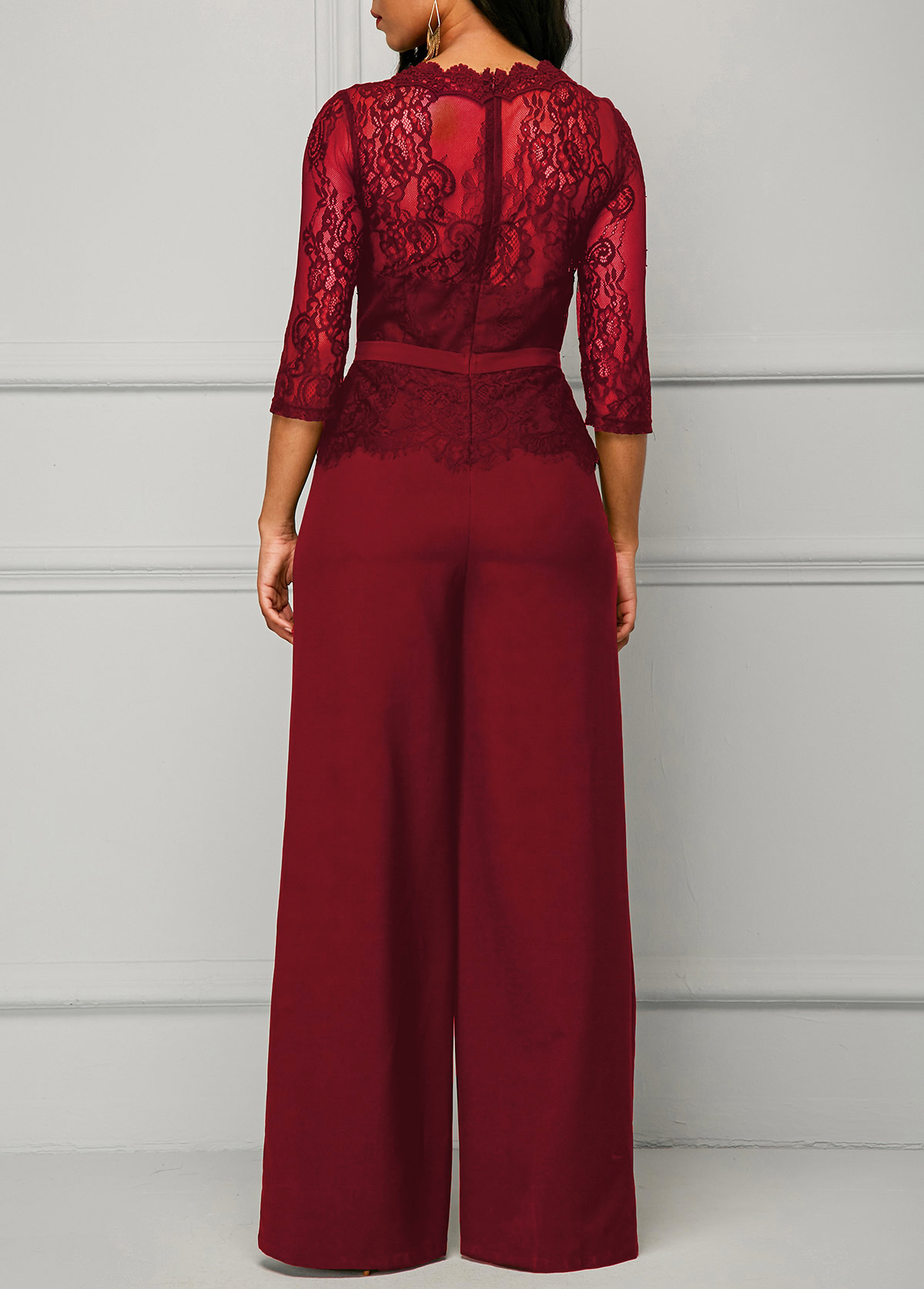 Wine Red Round Neck Lace Panel Jumpsuit