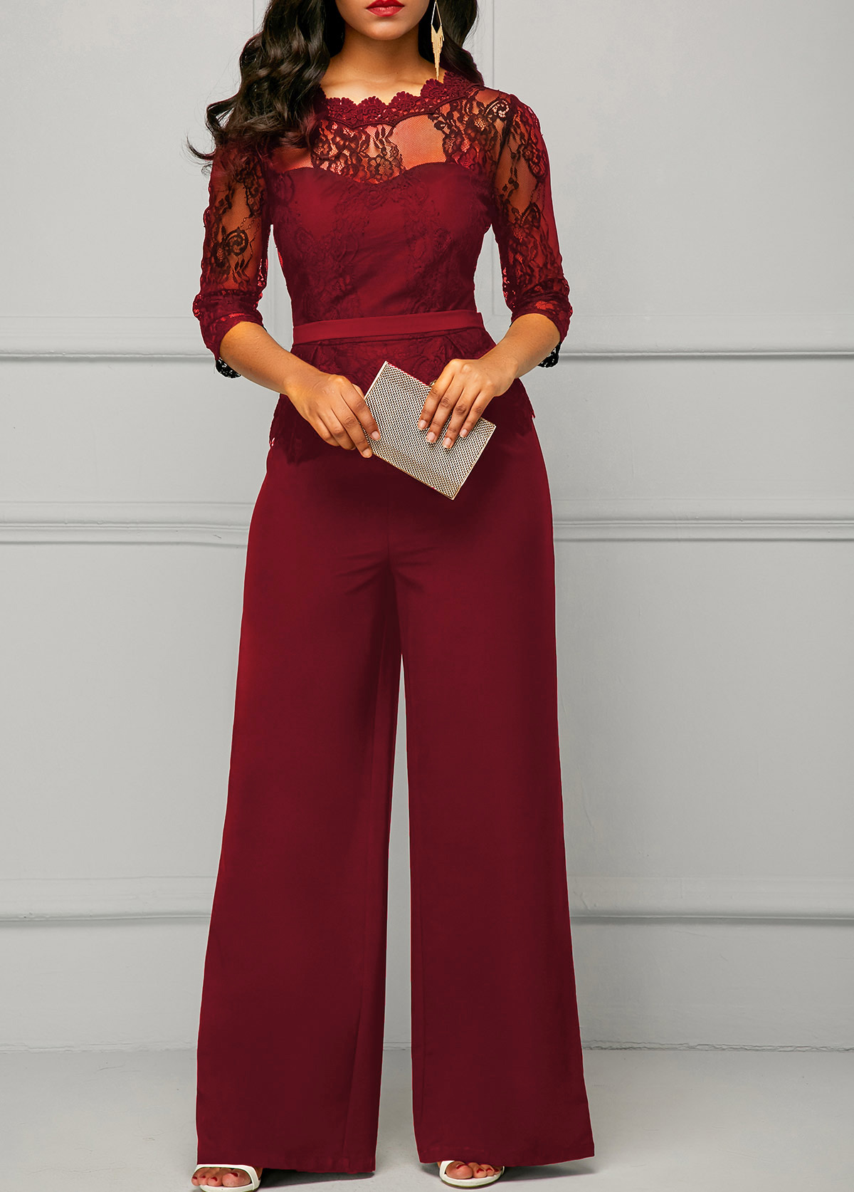 Wine Red Round Neck Lace Panel Jumpsuit