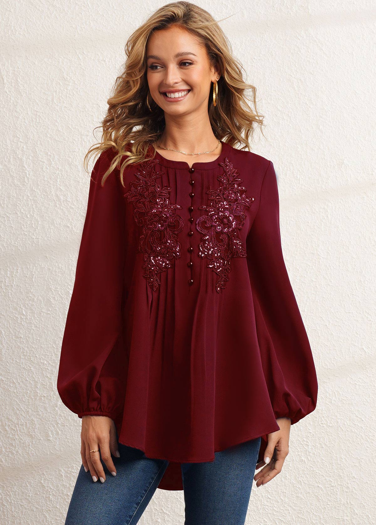 Crinkle Chest Wine Red Sequin Blouse