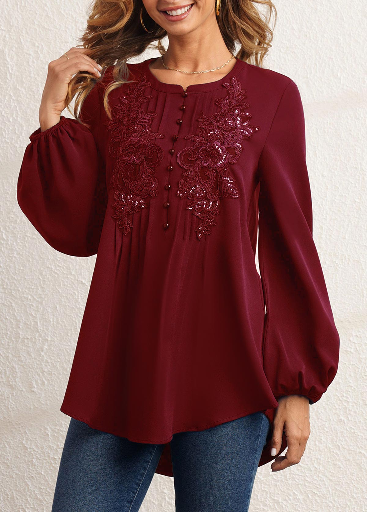 Crinkle Chest Wine Red Sequin Blouse