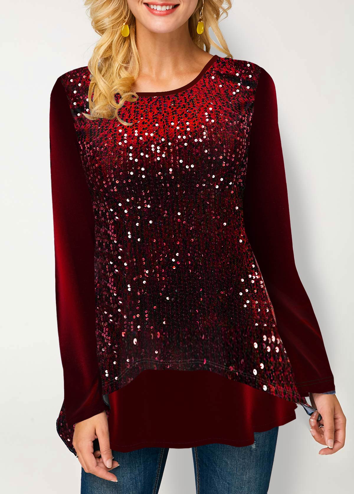 Wine Red Christmas Design Velvet Stitching Sequin Sweatshirt