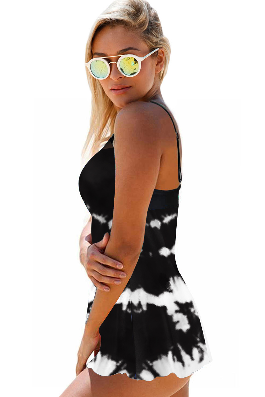 Black Tie Dye Print Wide Strap Swimdress Top-No Bottom