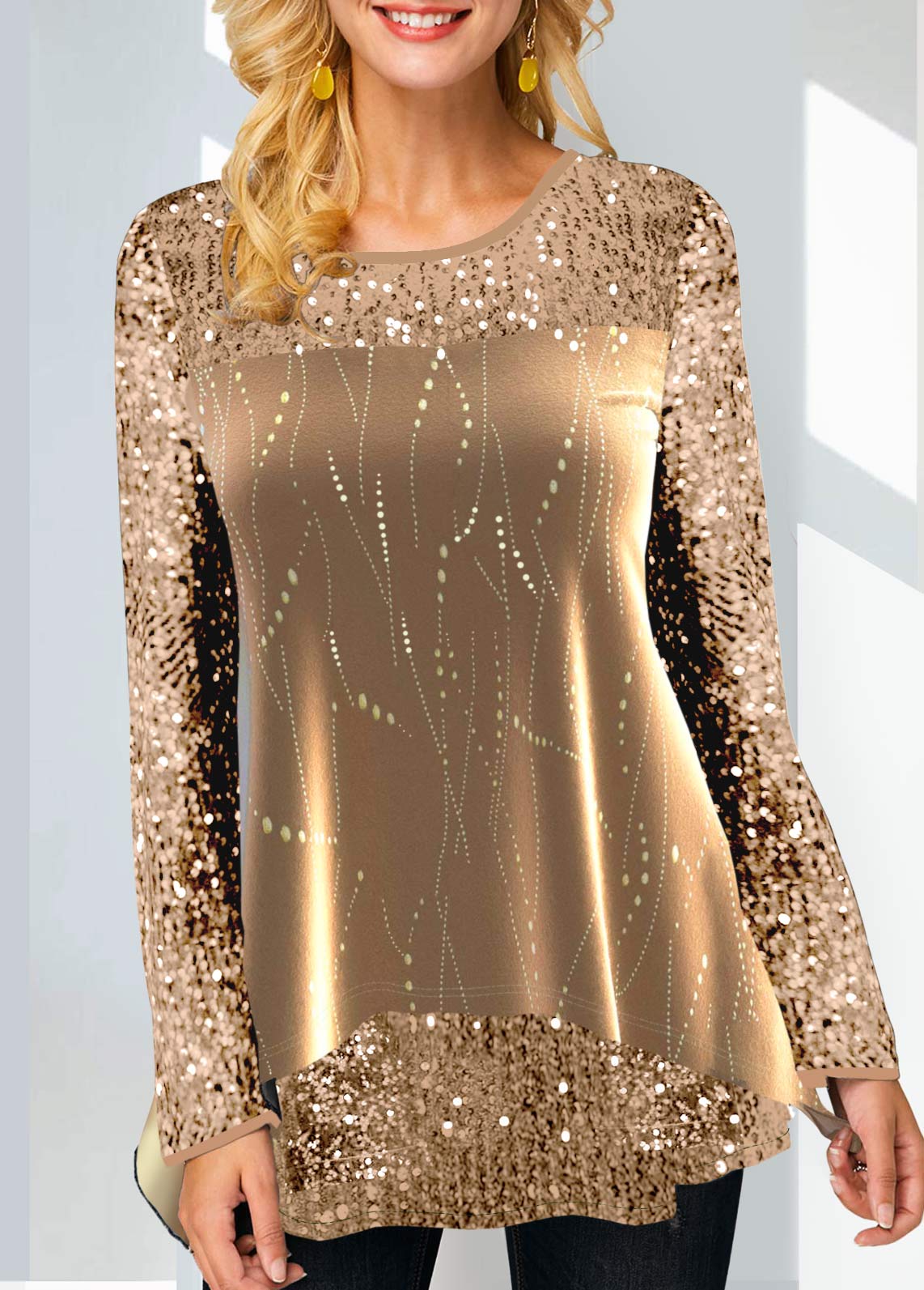 Gold Sequin Long Sleeve Hot Stamping Sweatshirt