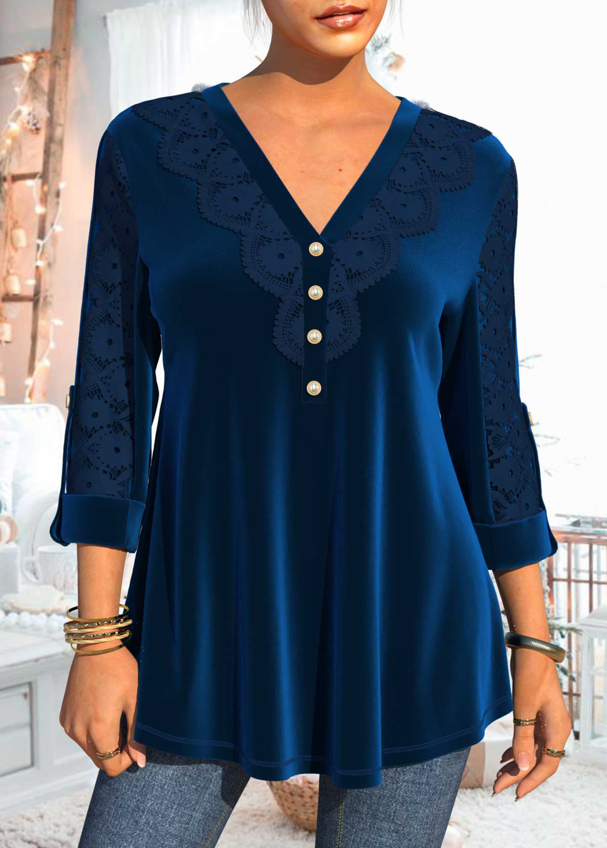 Velvet and Lace Stitching Blue Christmas Design Blouse