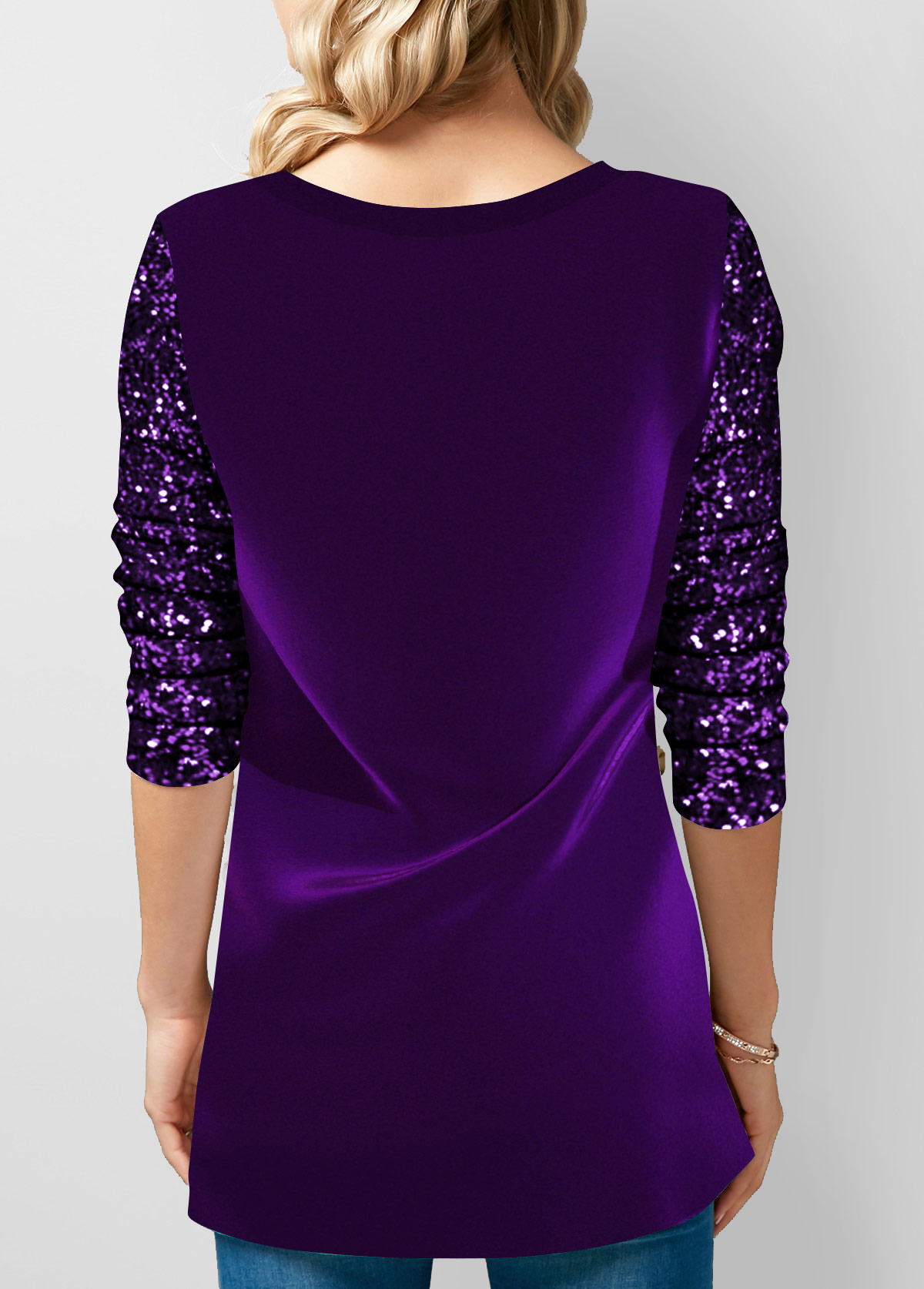 Purple Sequin Velvet Stitching Decorative Button T Shirt
