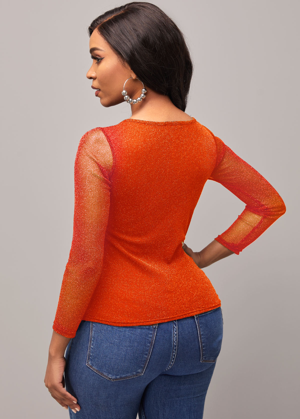 Mesh Stitching Orange Round Neck T Shirt