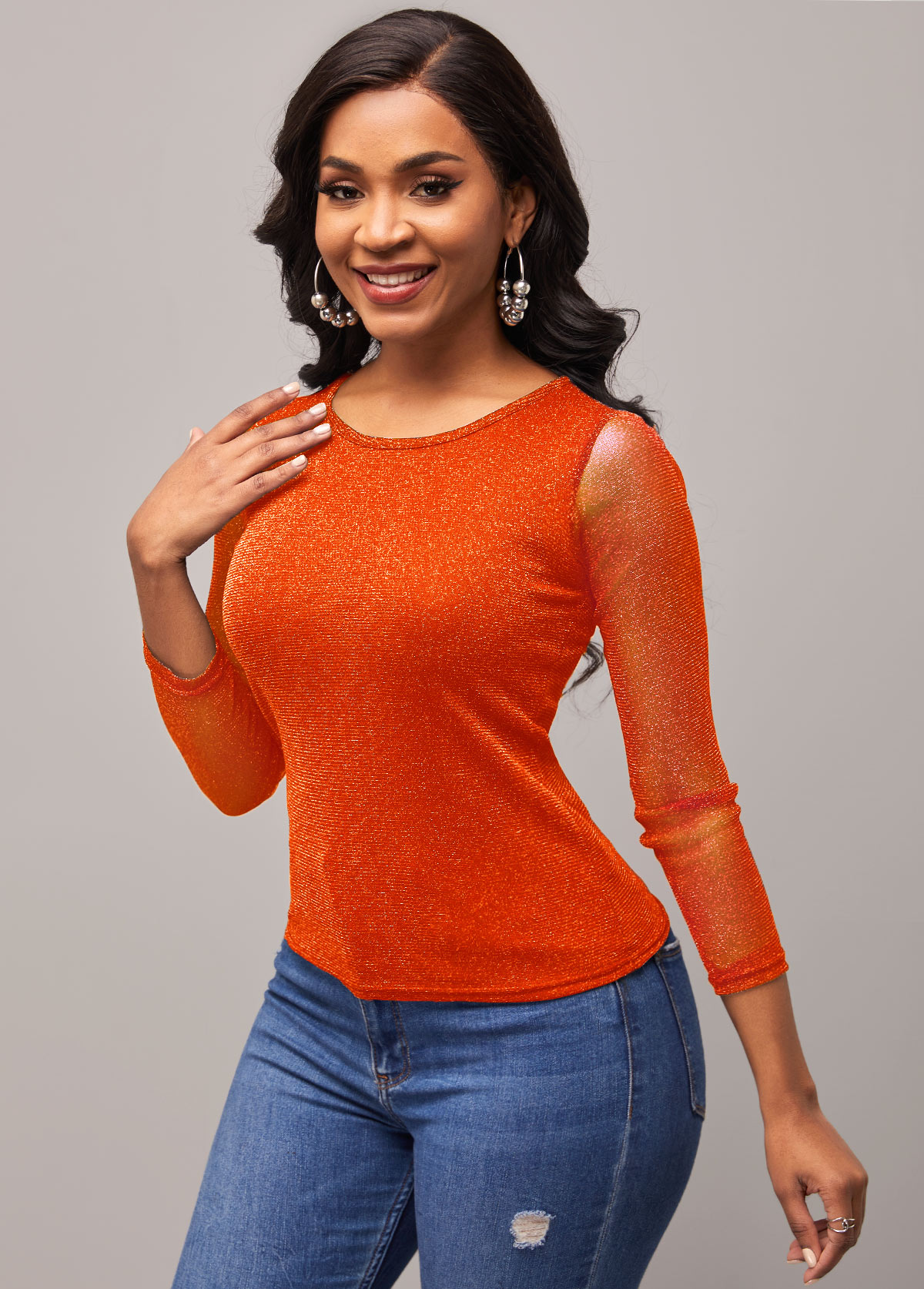 Mesh Stitching Orange Round Neck T Shirt