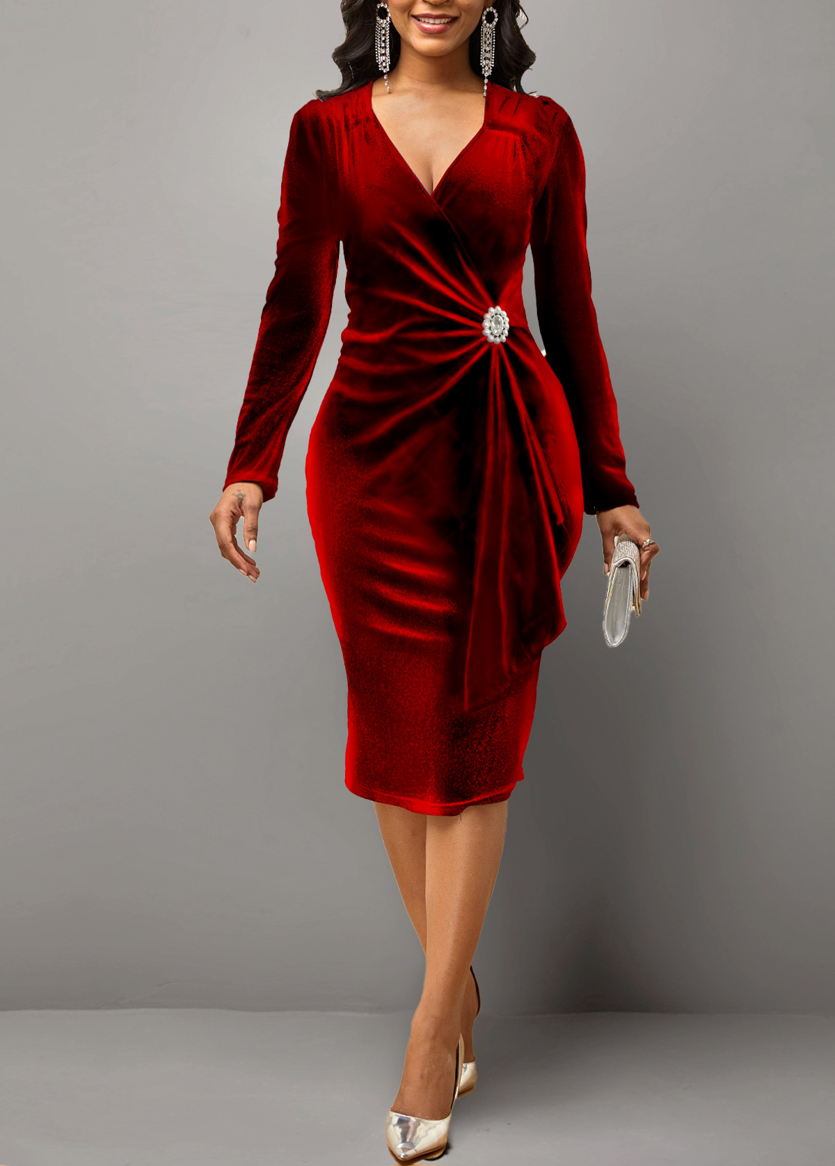 Red Long Sleeve Velvet Stitching Dress