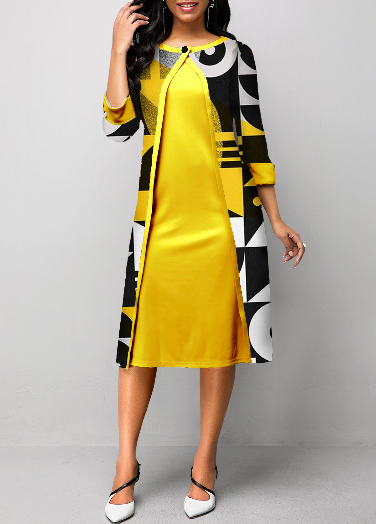 3/4 Sleeve Geometric Print Yellow Dress
