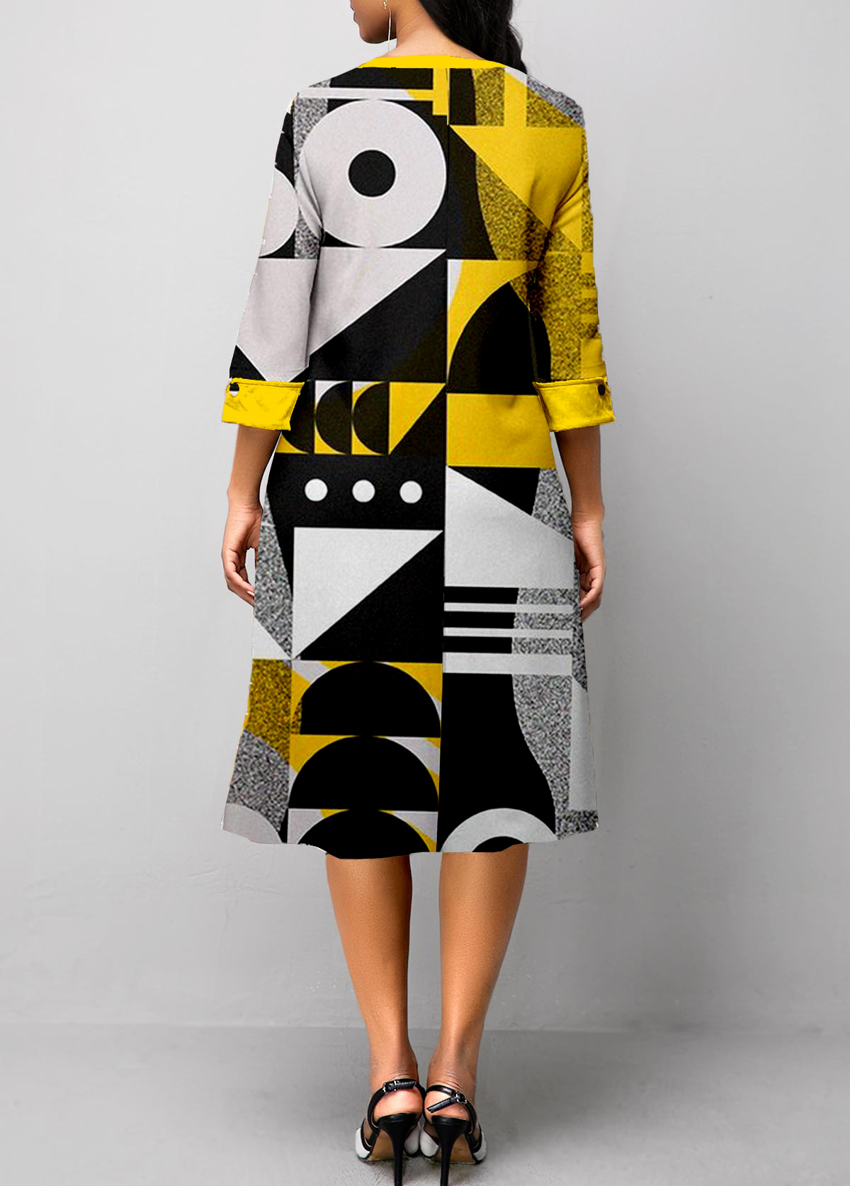 3/4 Sleeve Geometric Print Yellow Dress