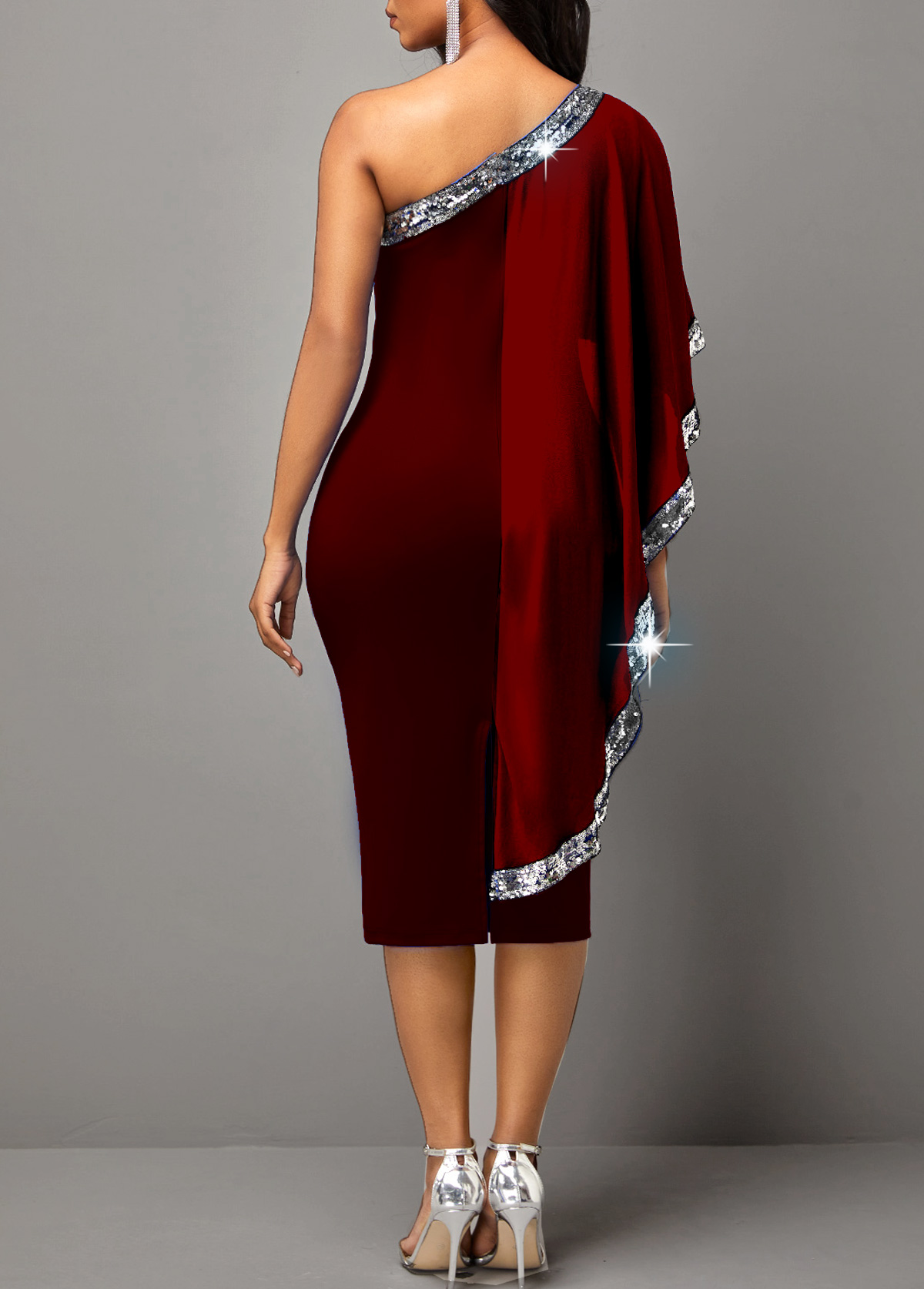 Glitter Fabric Stitching Skew Neck Wine Red Dress