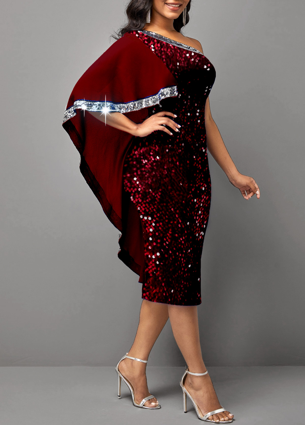 Glitter Fabric Stitching Skew Neck Wine Red Dress