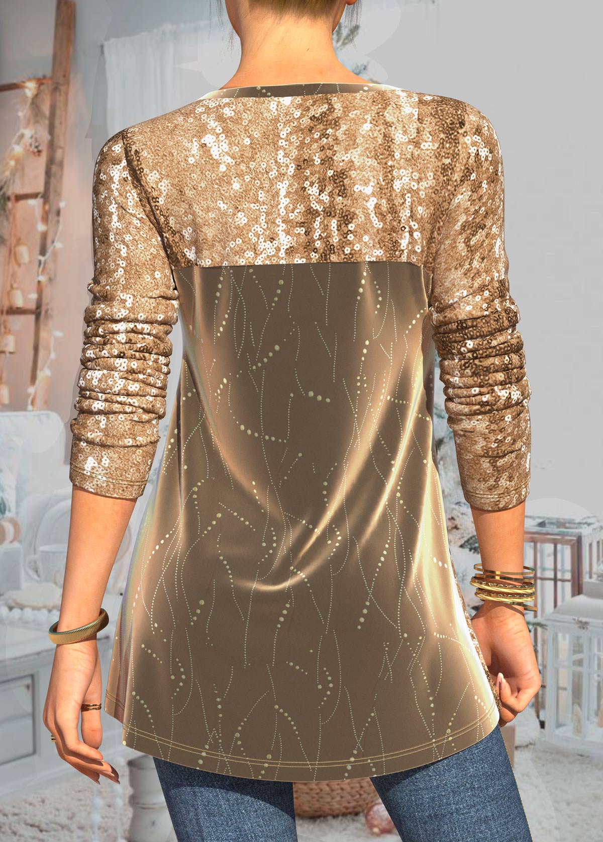 Sequin Christmas Design Gold Lace Stitching T Shirt