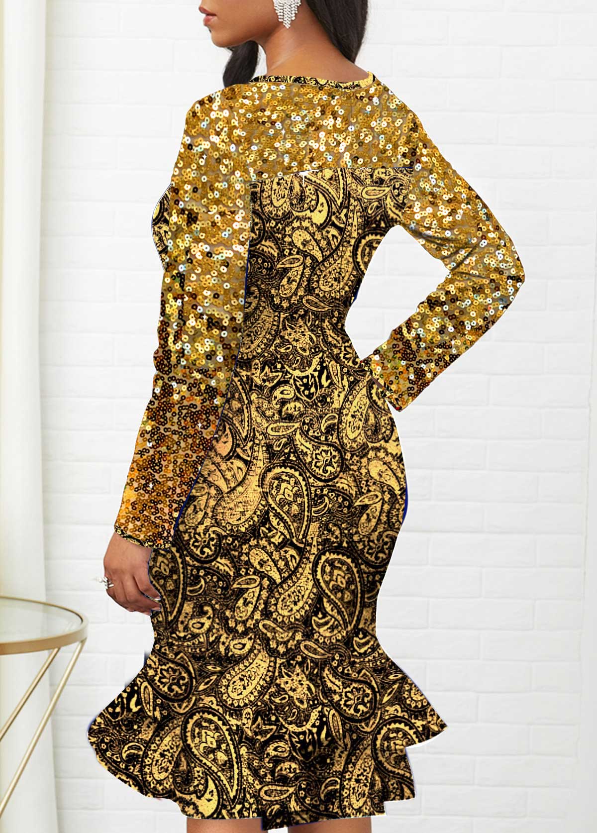 Gold Paisley Print Hot Stamping Sequin Mermaid Dress