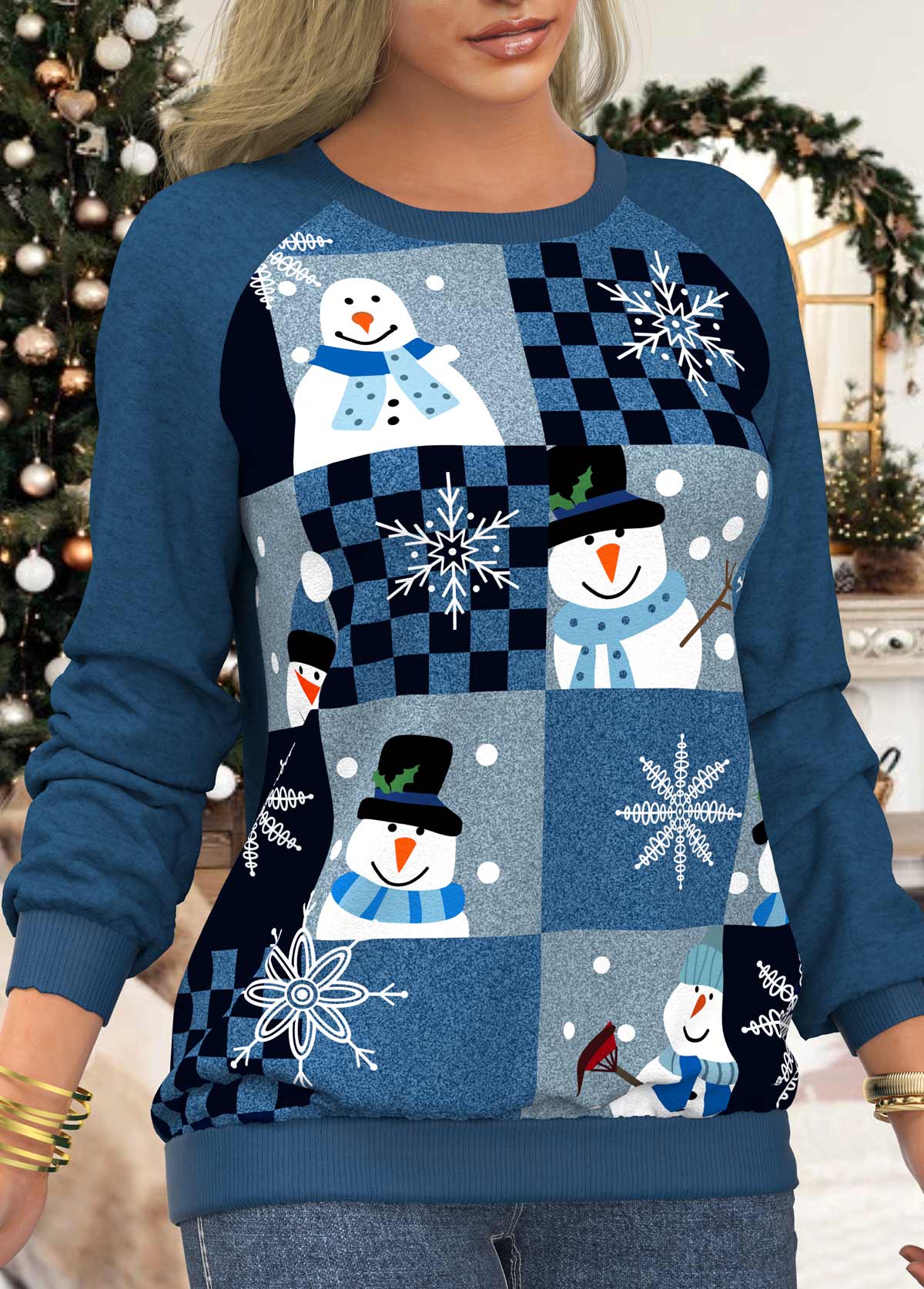 Long Sleeve Christmas Snowman Print Blue Sweatshirt