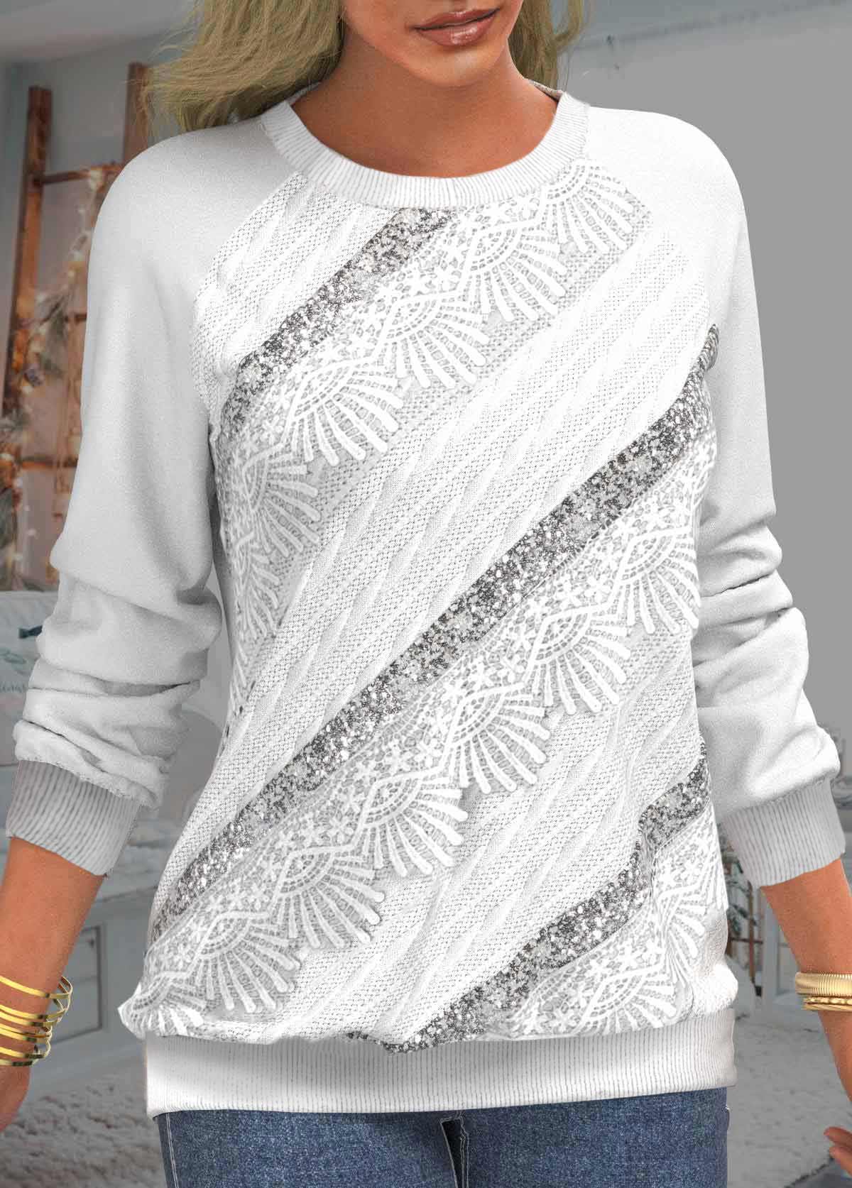 Sequin Long Sleeve Lace Patchwork White Sweatshirt