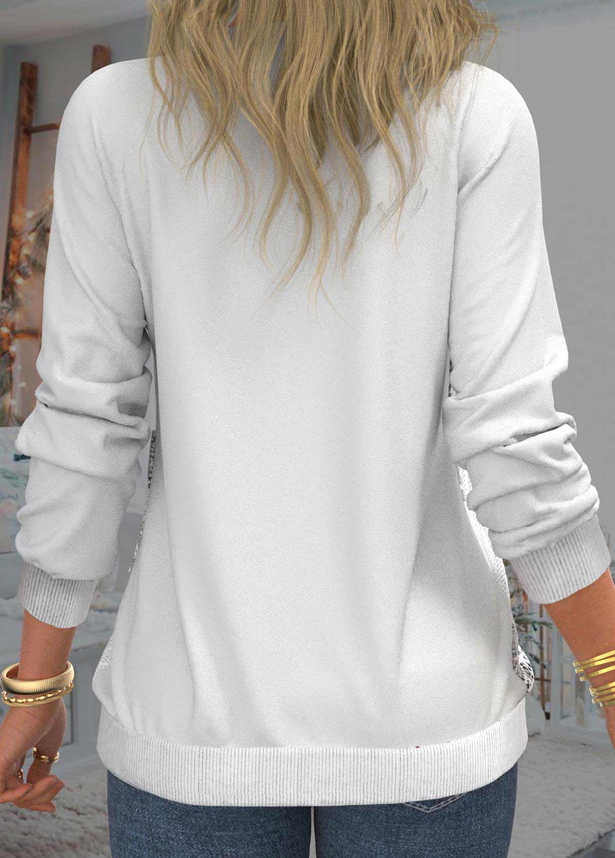 Sequin Long Sleeve Lace Patchwork White Sweatshirt