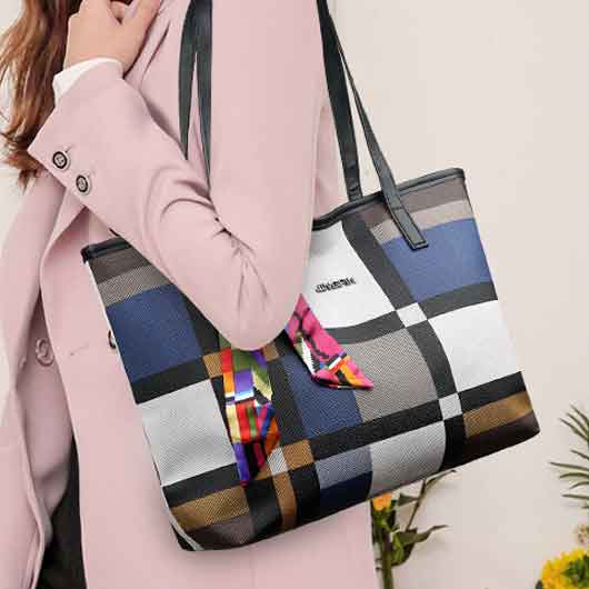Ribbon Detail Plaid Color Block Tote Bag