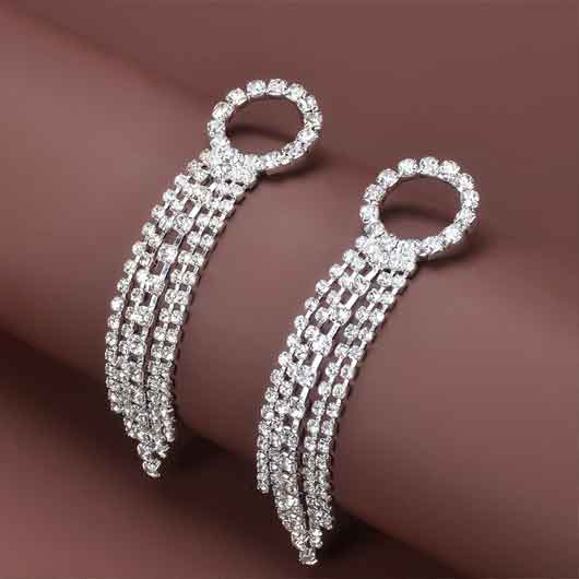 Rhinestone Detail Tassel Design Silver Earrings