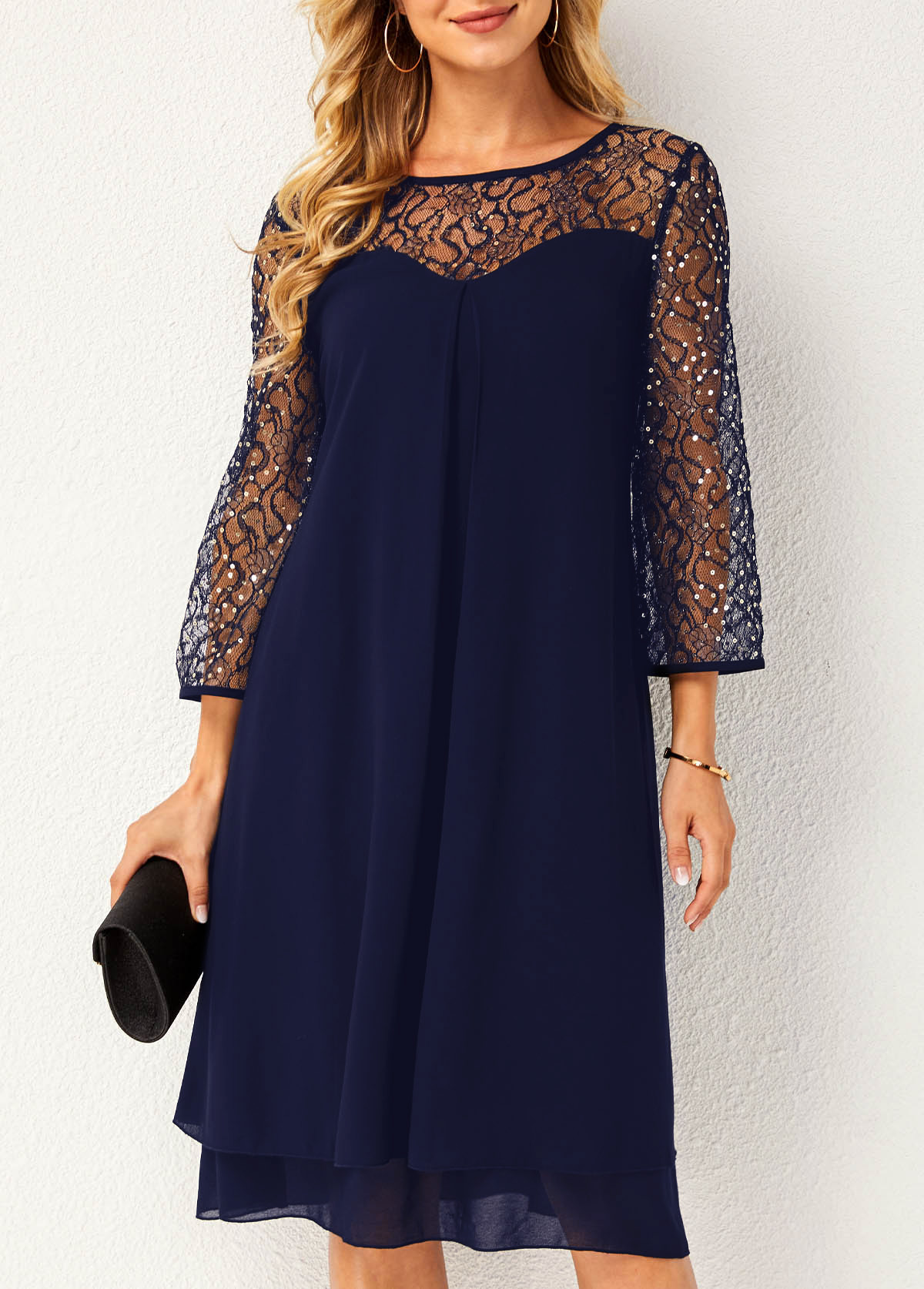 Lace Stitching Navy Blue Sequin Dress